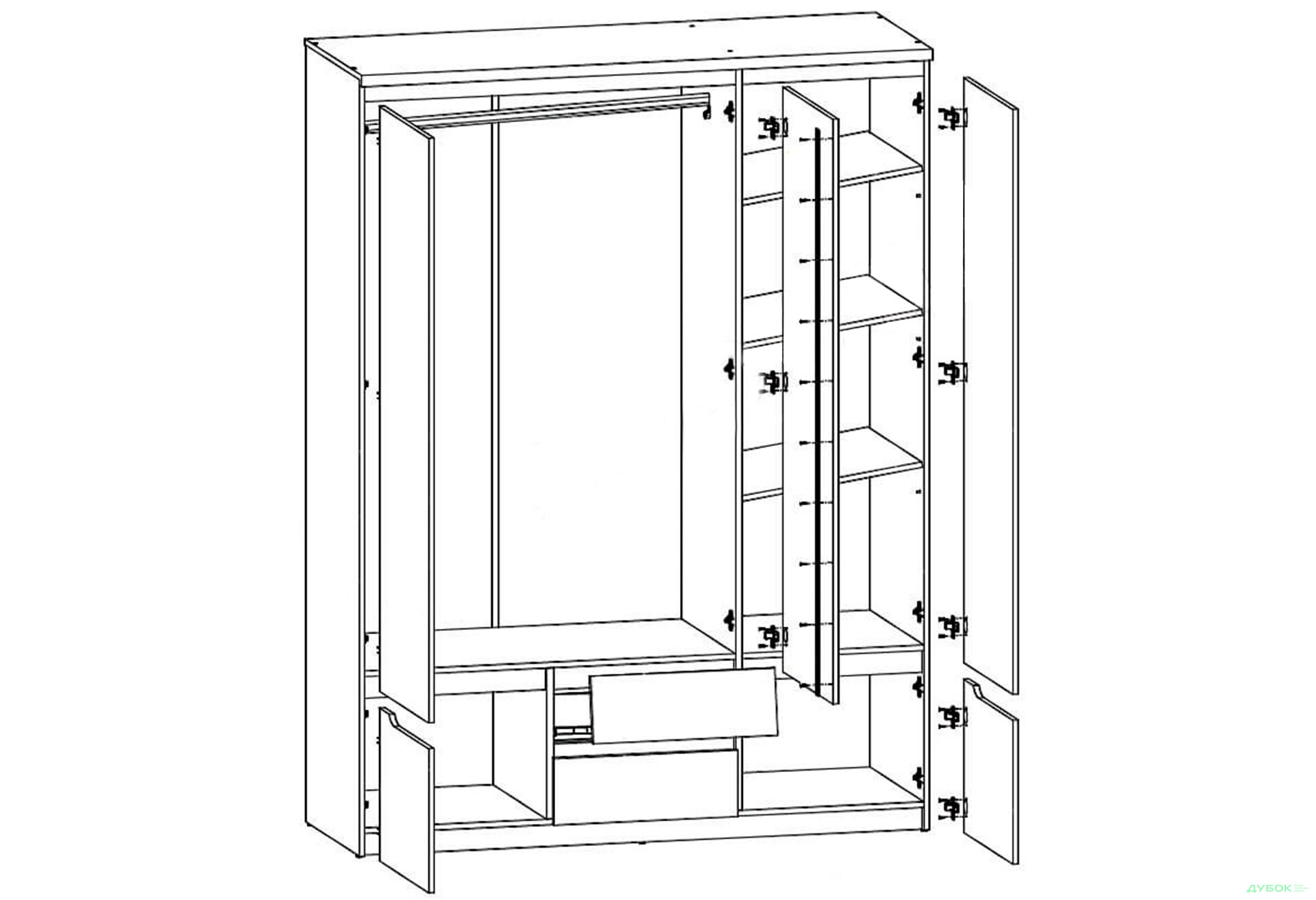 Шафа ВМК Джулі 5-дверна з 2 шухлядами та дзеркалом 154 см Венге магія/Дуб конкордія - Зображення 3 Зображення 3 - Шафа ВМК Джулі 5-дверна з 2 шухлядами та дзеркалом 154 см Венге магія/Дуб конкордія