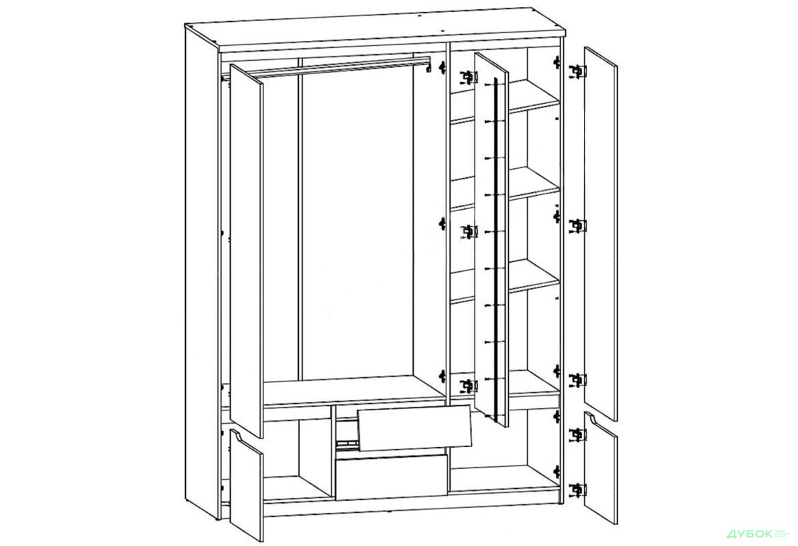 Шафа ВМК Джулі 5-дверна з 2 шухлядами та дзеркалом 154 см Венге магія/Дуб конкордія - Зображення 3 Зображення 3 - Шафа ВМК Джулі 5-дверна з 2 шухлядами та дзеркалом 154 см Венге магія/Дуб конкордія