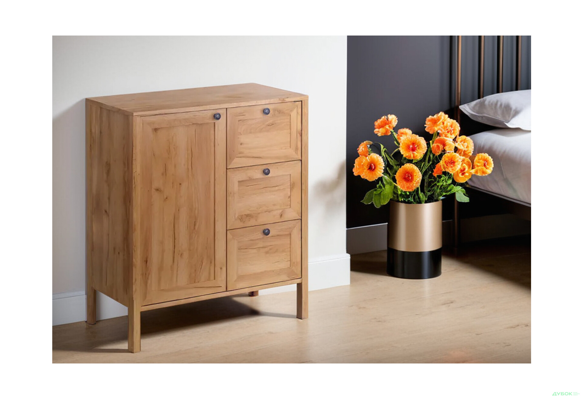 Комод VMV holding Klark / Кларк 1-дверний з 3 шухлядами 80 см Дуб крафт золотий - Зображення 2 Зображення 2 - Комод VMV holding Klark / Кларк 1-дверний з 3 шухлядами 80 см Дуб крафт золотий