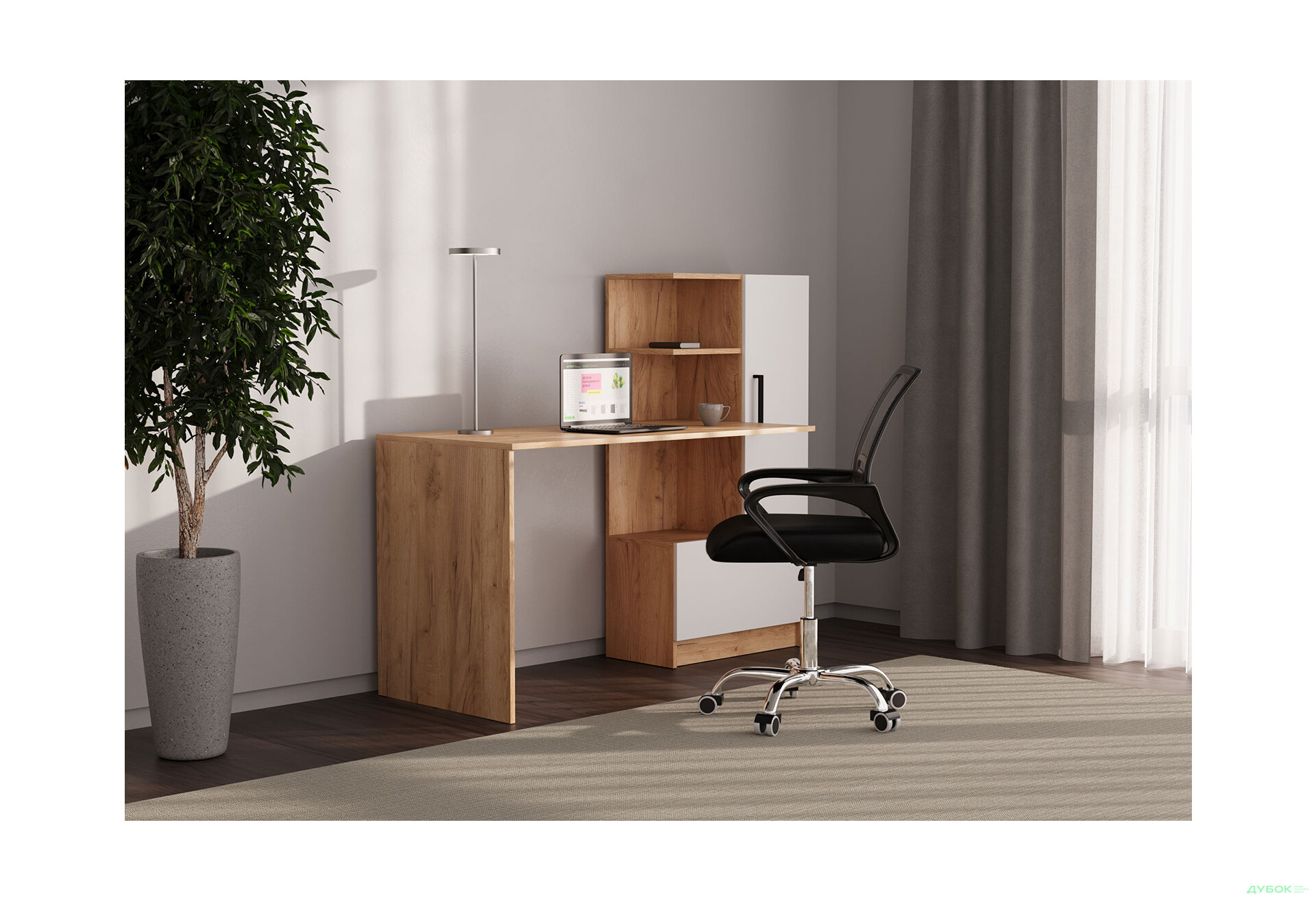 Стол компьютерный Garant Стандарт 150x59 см со стеллажом, Дуб крафт золотой / Нимфея альба сборка правая - Изображение 2 Изображение 2 - Стол компьютерный Garant Стандарт 150x59 см со стеллажом, Дуб крафт золотой / Нимфея альба сборка правая