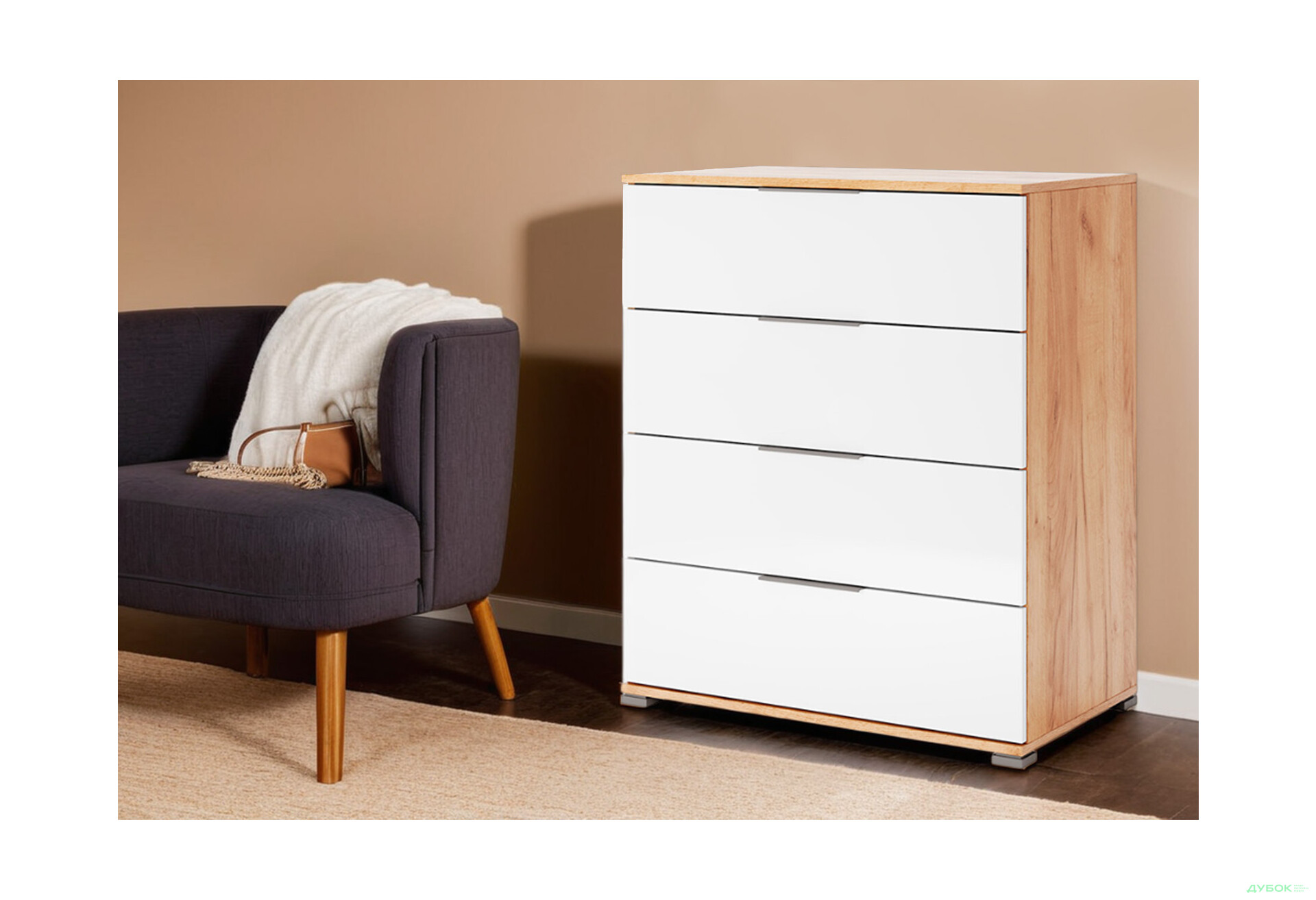 Комод MiroMark Асті з 4 шухлядами 80 см Дуб крафт/Білий - Зображення 2 Зображення 2 - Комод MiroMark Асті з 4 шухлядами 80 см Дуб крафт/Білий