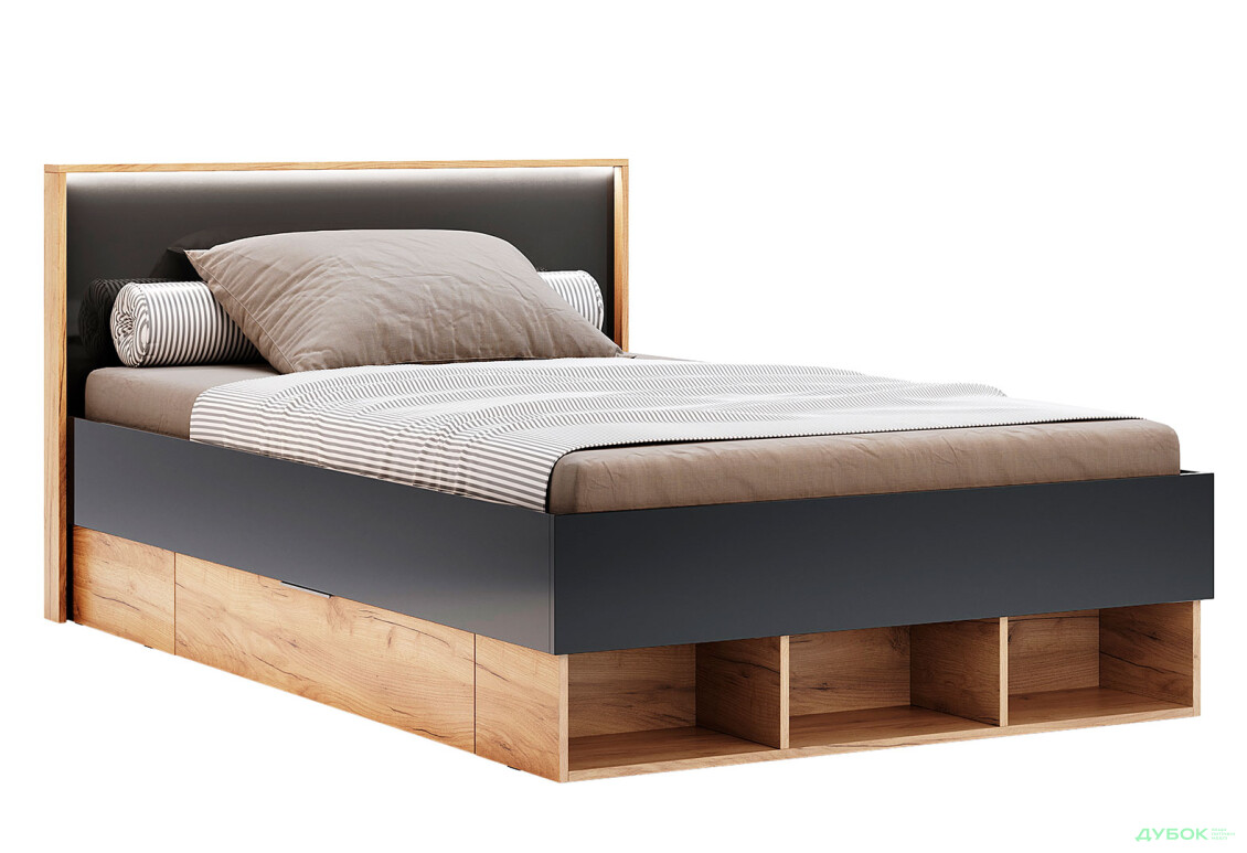 Кровать MiroMark Луна Джуниор (без вклада) 140х200 см с ящиками, лава/дуб крафт
