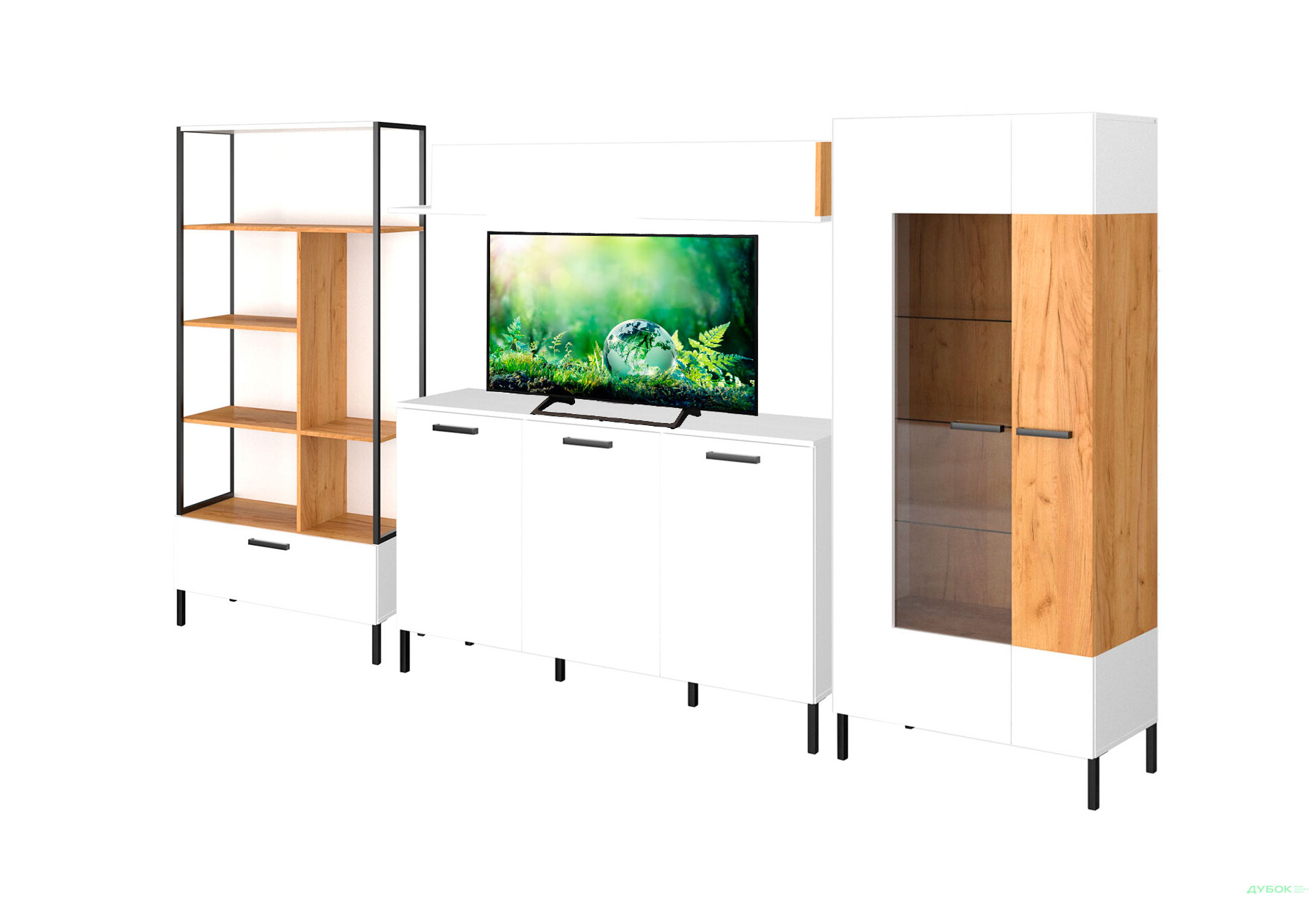 Комплект стенка с витриной и стеллажом ВМВ Холдинг Сантес 335 см, белый / дуб крафт золотой - Изображение 1 Изображение 1 - Комплект стенка с витриной и стеллажом ВМВ Холдинг Сантес 335 см, белый / дуб крафт золотой