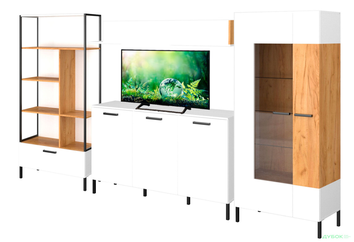 Комплект стенка с витриной и стеллажом ВМВ Холдинг Сантес 335 см, белый / дуб крафт золотой - Изображение 1 Изображение 1 - Комплект стенка с витриной и стеллажом ВМВ Холдинг Сантес 335 см, белый / дуб крафт золотой