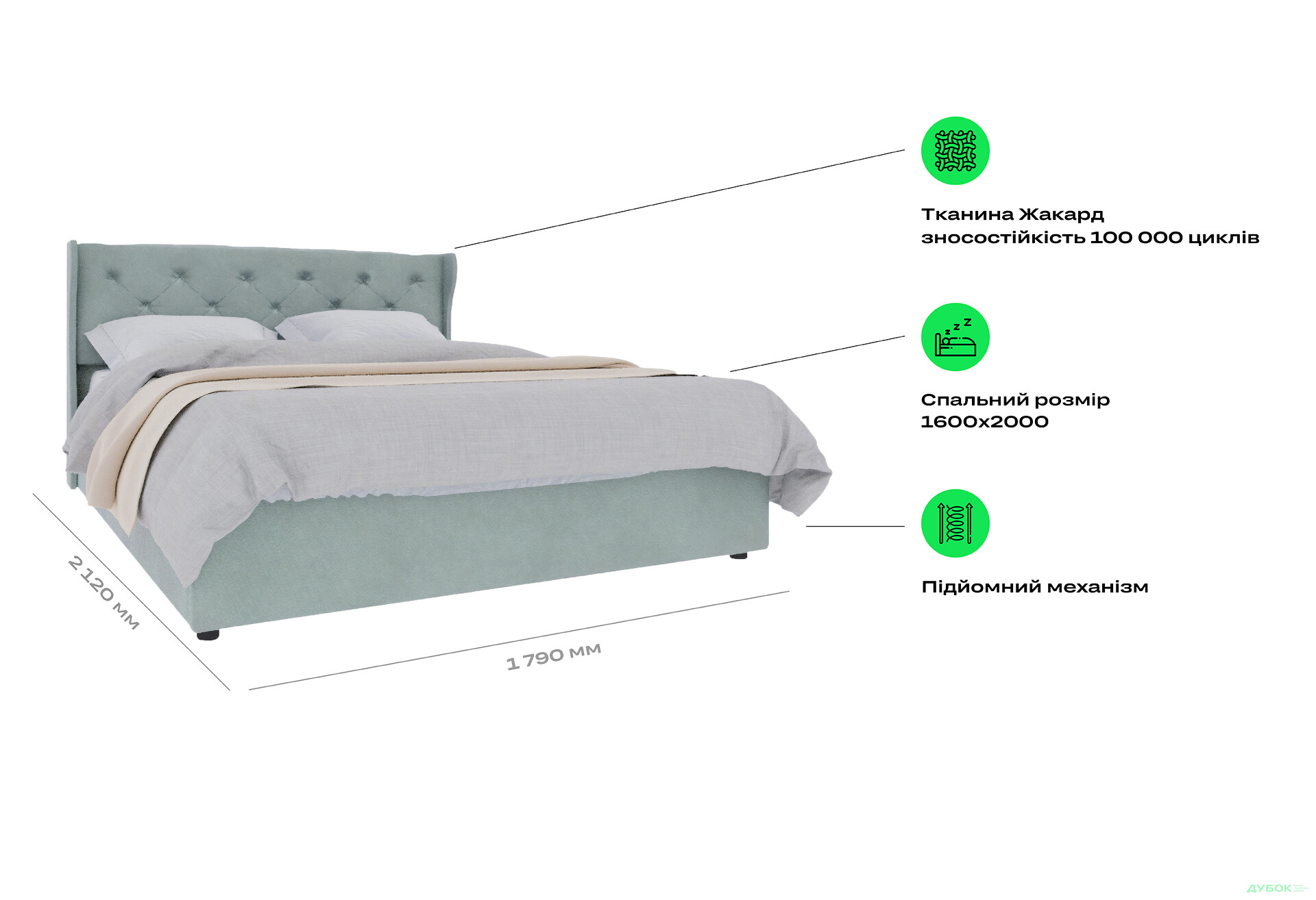 Фото 7 - Ліжко-подіум UMa Жасмін 160х200 см підйомне, світло-зелено-блакитне (Fancy 87)