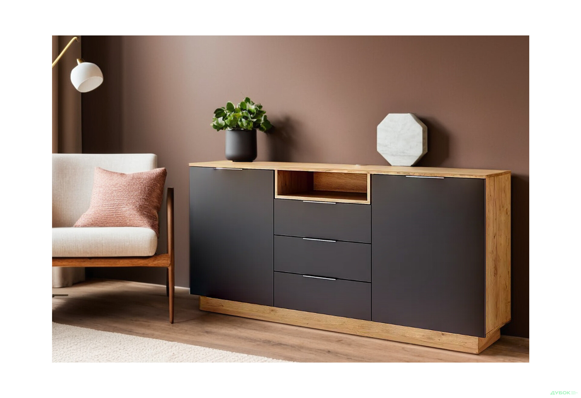 Комод MiroMark Луна з полицею, 2 дверками та 3 шухлядами 180 см Лава/Дуб крафт - Зображення 2 Зображення 2 - Комод MiroMark Луна з полицею, 2 дверками та 3 шухлядами 180 см Лава/Дуб крафт