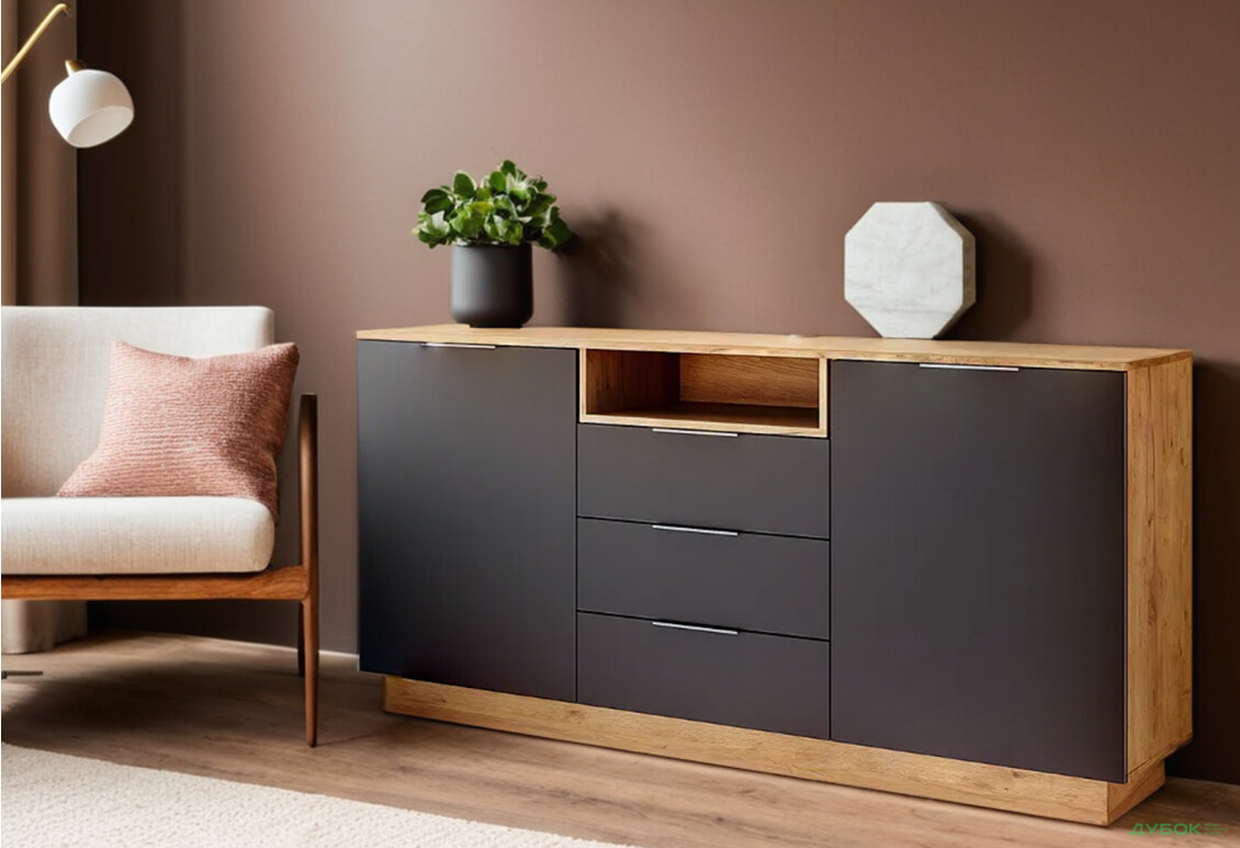 Комод MiroMark Луна з полицею, 2 дверками та 3 шухлядами 180 см Лава/Дуб крафт - Зображення 2 Зображення 2 - Комод MiroMark Луна з полицею, 2 дверками та 3 шухлядами 180 см Лава/Дуб крафт