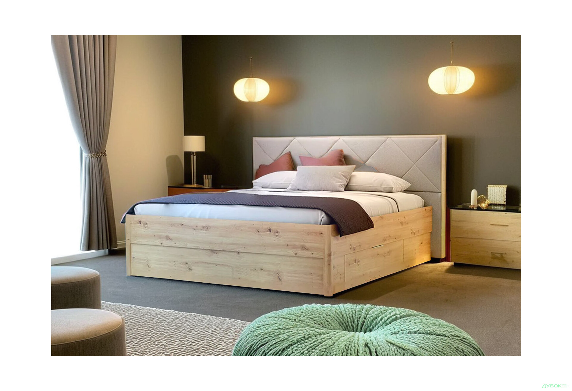 Ліжко-подіум MiroMark Реймонд (без вкладу) 180х200 см з шухлядами, дуб артізан/сірий - Зображення 2 Зображення 2 - Ліжко-подіум MiroMark Реймонд (без вкладу) 180х200 см з шухлядами, дуб артізан/сірий