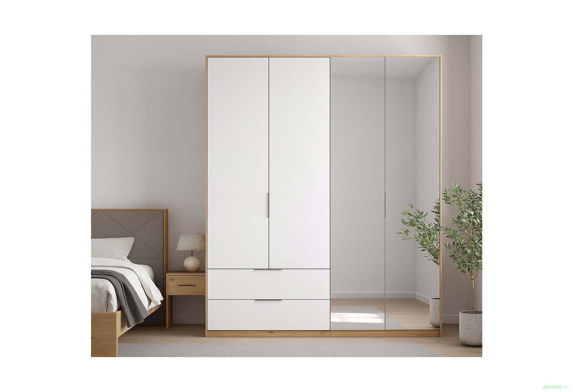 Шафа MiroMark Реймонд 4-дверна із дзеркалом та 2 шухлядами 182 см, глянець білий - Зображення 2 Зображення 2 - Шафа MiroMark Реймонд 4-дверна із дзеркалом та 2 шухлядами 182 см, глянець білий