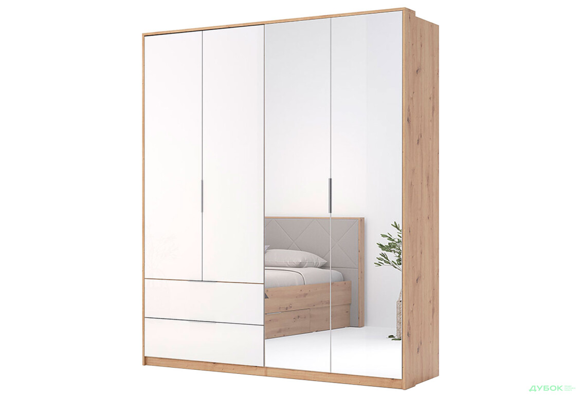 Шкаф МироМарк Реймонд 4-дверный с зеркалом и 2 ящиками 182 см, глянец белый