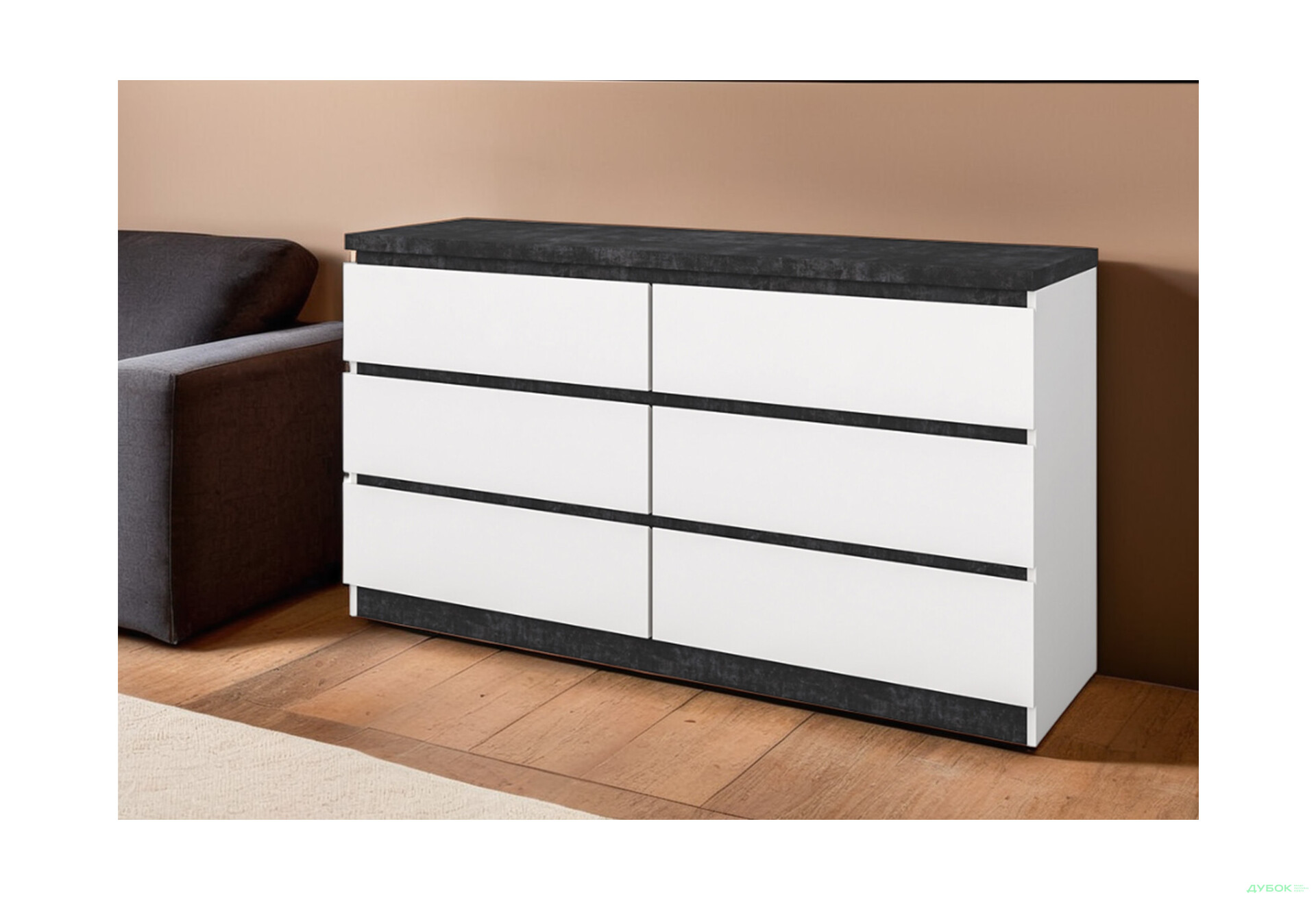 Комод Світ Меблів Мія з 6 шухлядами 140 см, білий/бетон темний - Зображення 2 Зображення 2 - Комод Світ Меблів Мія з 6 шухлядами 140 см, білий/бетон темний