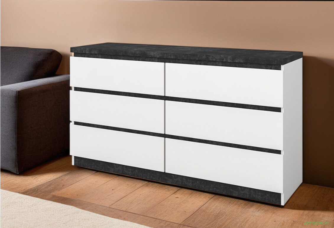 Комод Світ Меблів Мія з 6 шухлядами 140 см, білий/бетон темний - Зображення 2 Зображення 2 - Комод Світ Меблів Мія з 6 шухлядами 140 см, білий/бетон темний