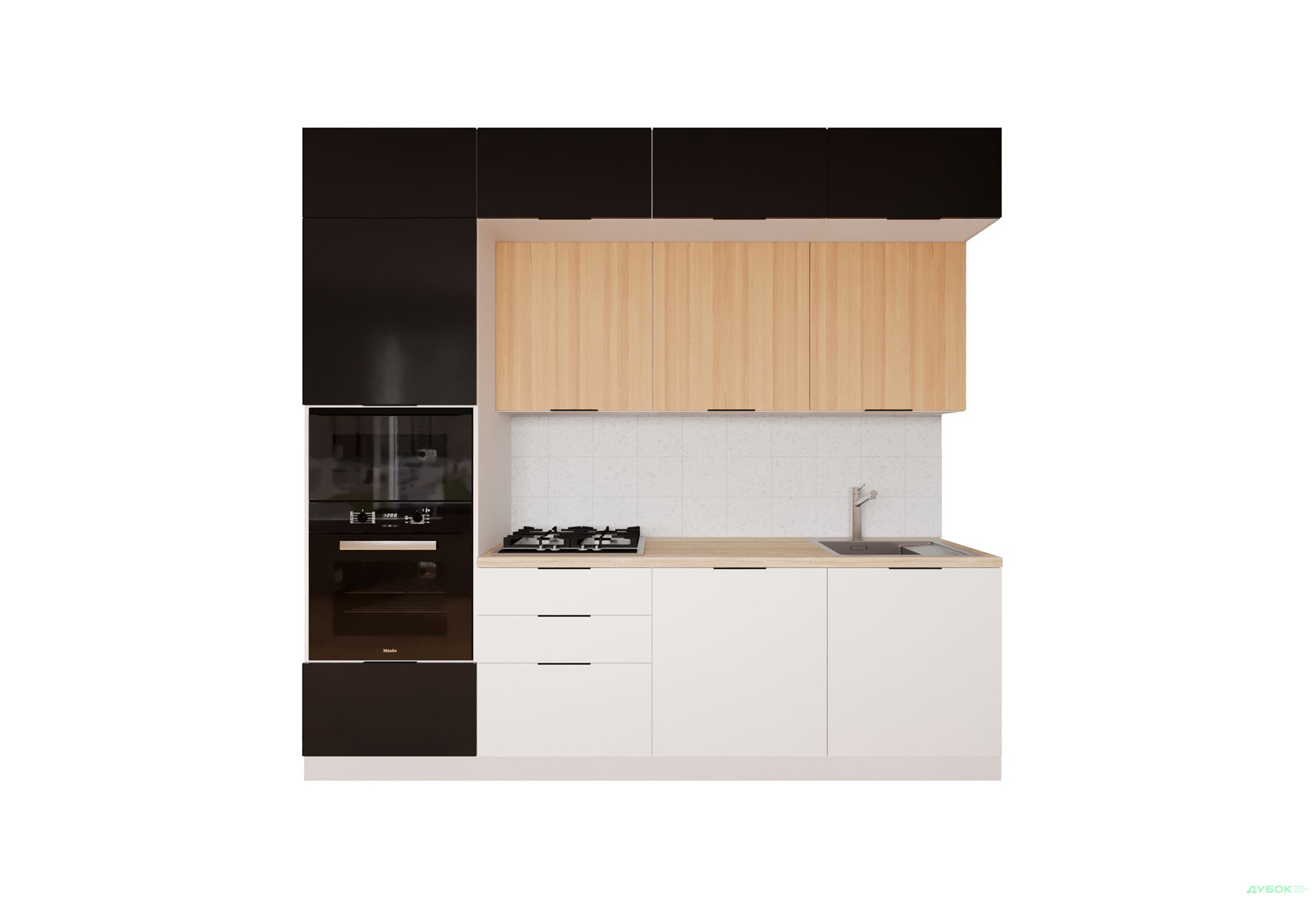 Кухня Мебель Стар Диплос / Diplos Blum 240 см, верх черный глянец / натуральное дерево, низ белый глянец - Изображение 3 Изображение 3 - Кухня Мебель Стар Диплос / Diplos Blum 240 см, верх черный глянец / натуральное дерево, низ белый глянец