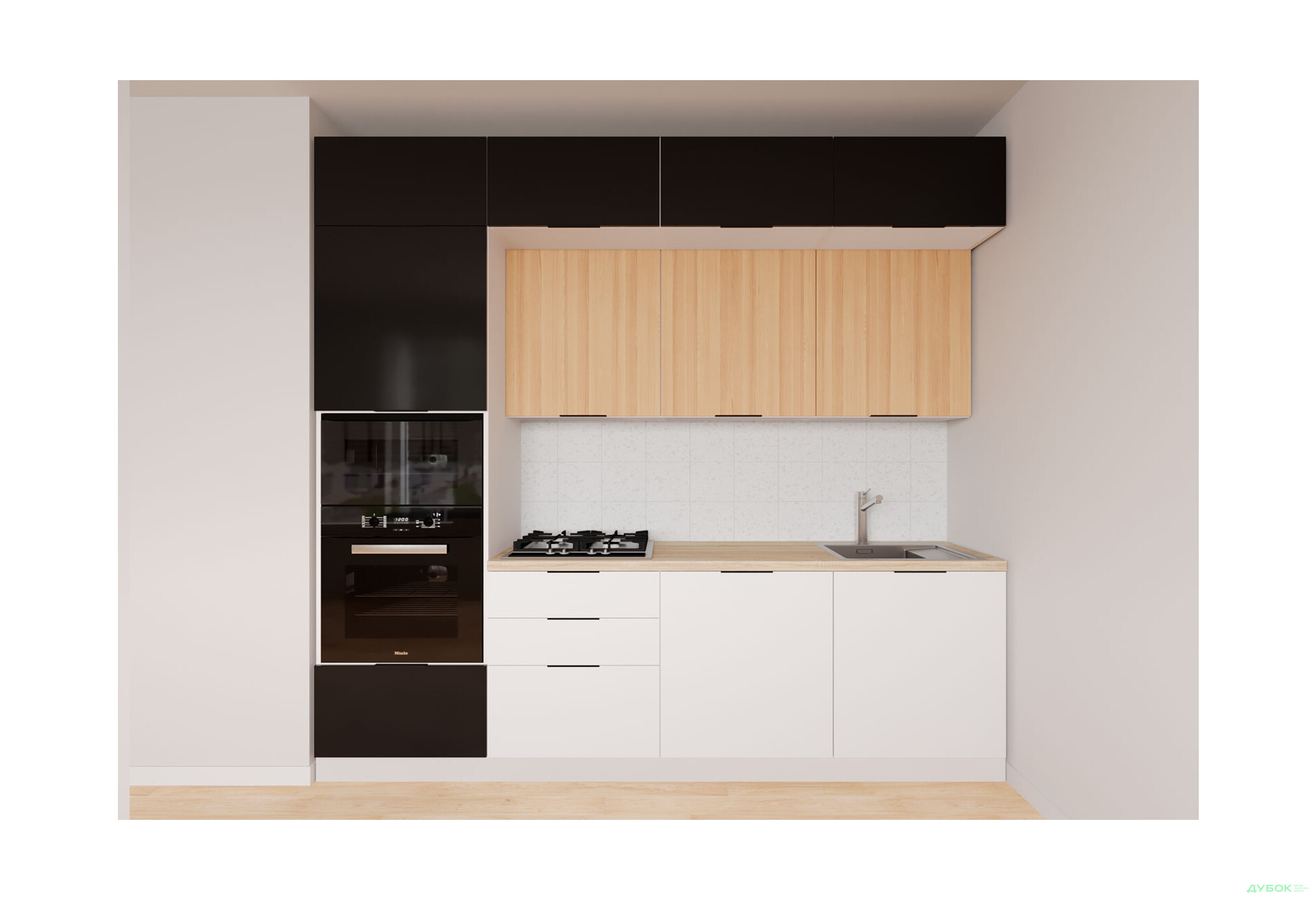 Кухня Мебель Стар Диплос / Diplos Blum 240 см, верх черный глянец / натуральное дерево, низ белый глянец - Изображение 1 Изображение 1 - Кухня Мебель Стар Диплос / Diplos Blum 240 см, верх черный глянец / натуральное дерево, низ белый глянец