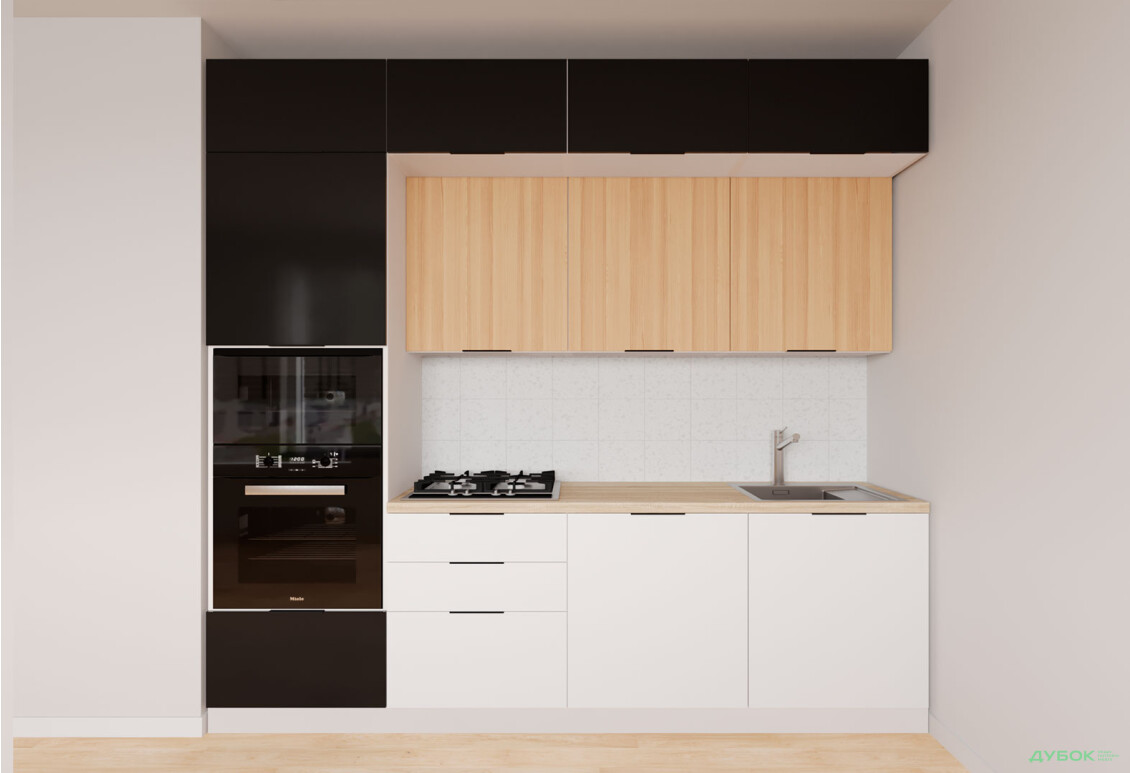 Кухня Мебель Стар Диплос / Diplos Blum 240 см, верх черный глянец / натуральное дерево, низ белый глянец - Изображение 1 Изображение 1 - Кухня Мебель Стар Диплос / Diplos Blum 240 см, верх черный глянец / натуральное дерево, низ белый глянец