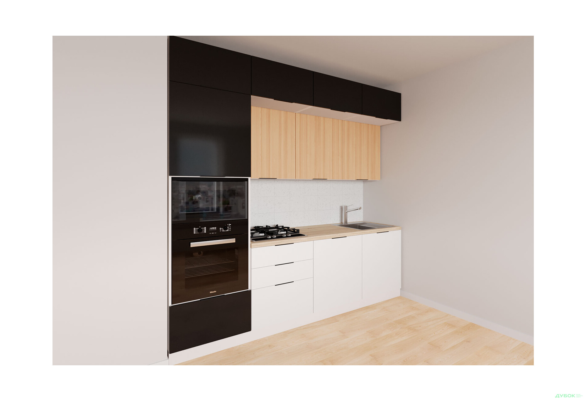 Кухня Мебель Стар Диплос / Diplos Blum 240 см, верх черный глянец / натуральное дерево, низ белый глянец - Изображение 2 Изображение 2 - Кухня Мебель Стар Диплос / Diplos Blum 240 см, верх черный глянец / натуральное дерево, низ белый глянец