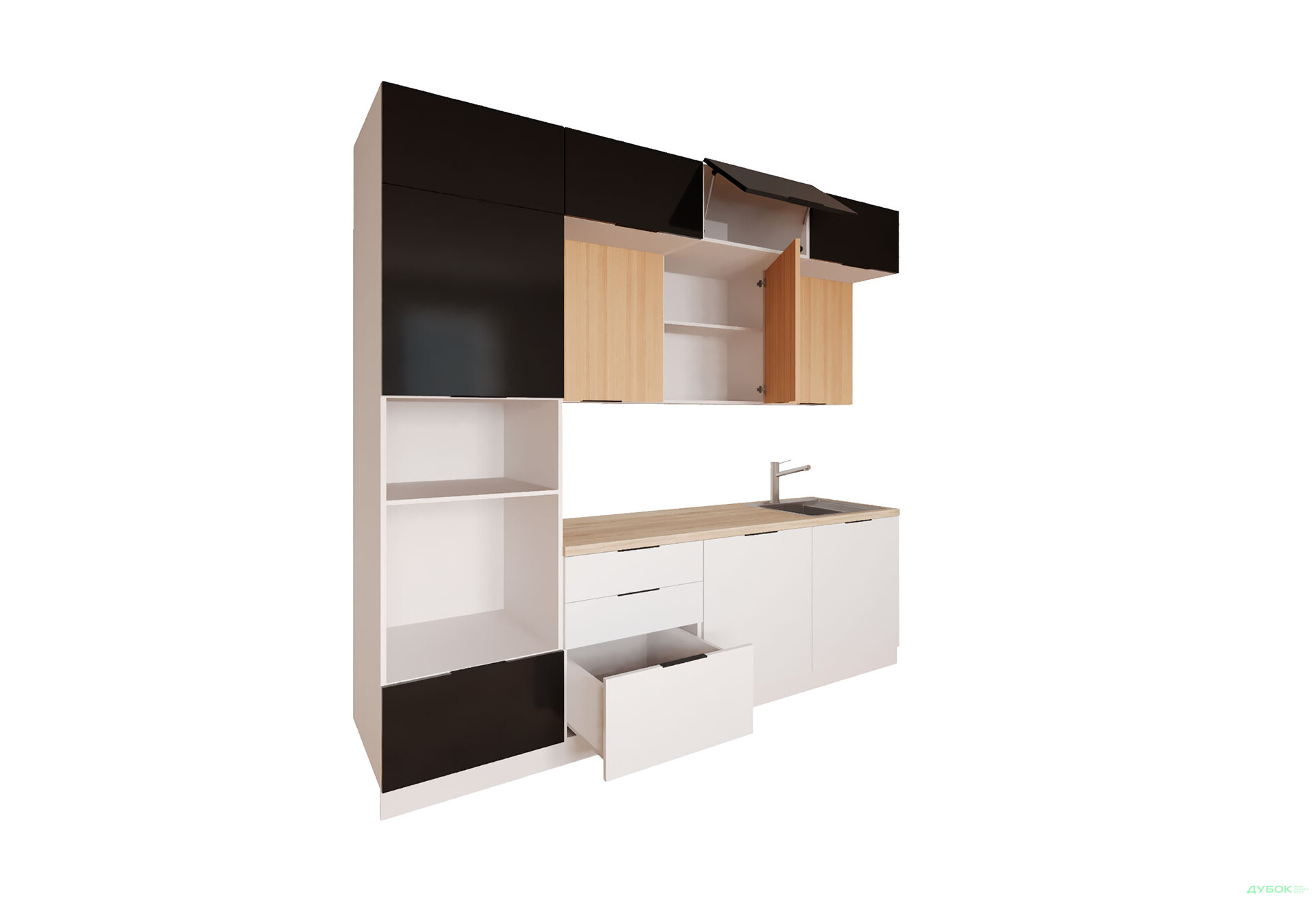 Кухня Мебель Стар Диплос / Diplos Blum 240 см, верх черный глянец / натуральное дерево, низ белый глянец - Изображение 4 Изображение 4 - Кухня Мебель Стар Диплос / Diplos Blum 240 см, верх черный глянец / натуральное дерево, низ белый глянец