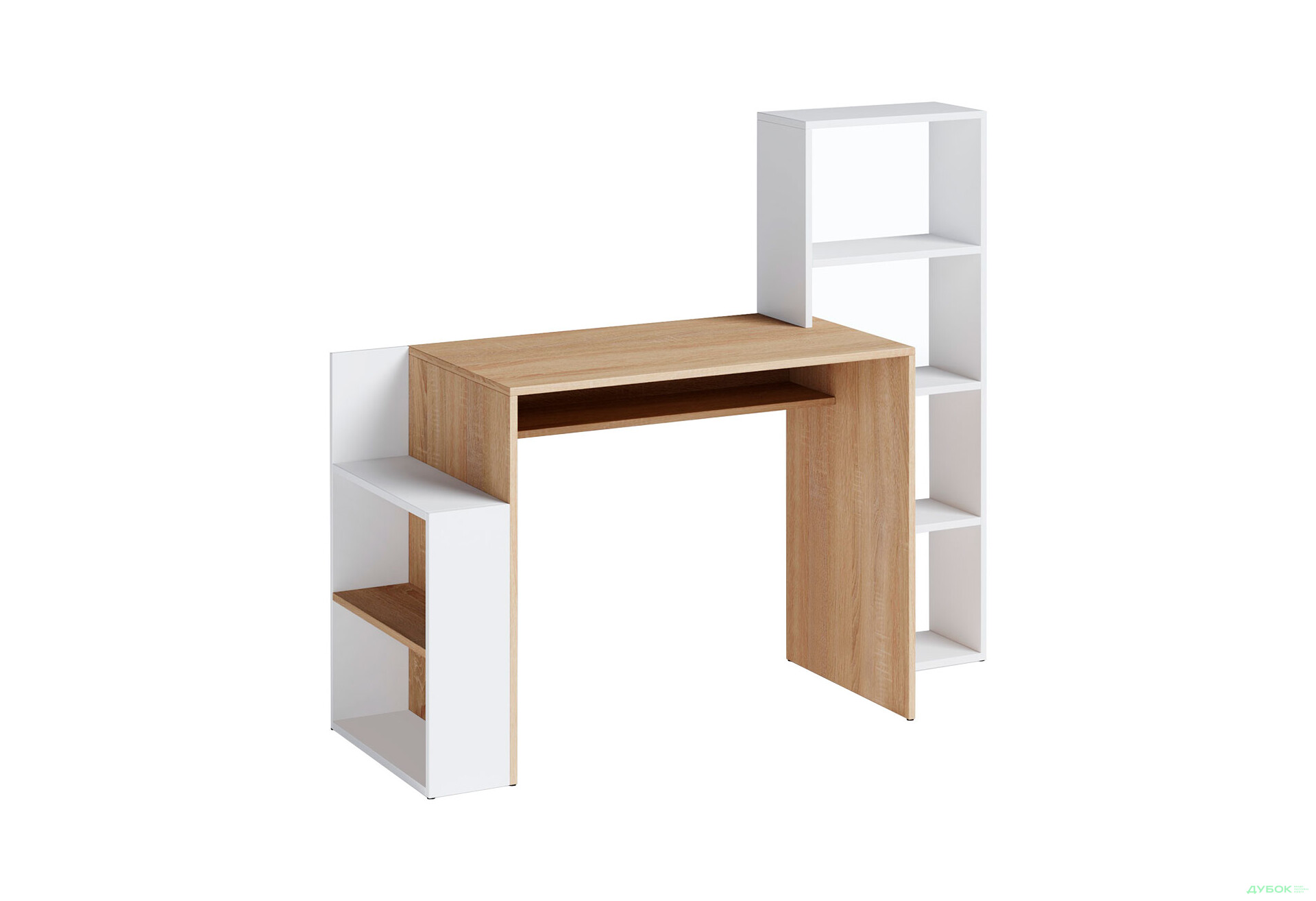 Стіл письмовий Moreli ST0025 144x50 см з надставкою та полицями, дуб сонома/білий - Зображення 1 Зображення 1 - Стіл письмовий Moreli ST0025 144x50 см з надставкою та полицями, дуб сонома/білий
