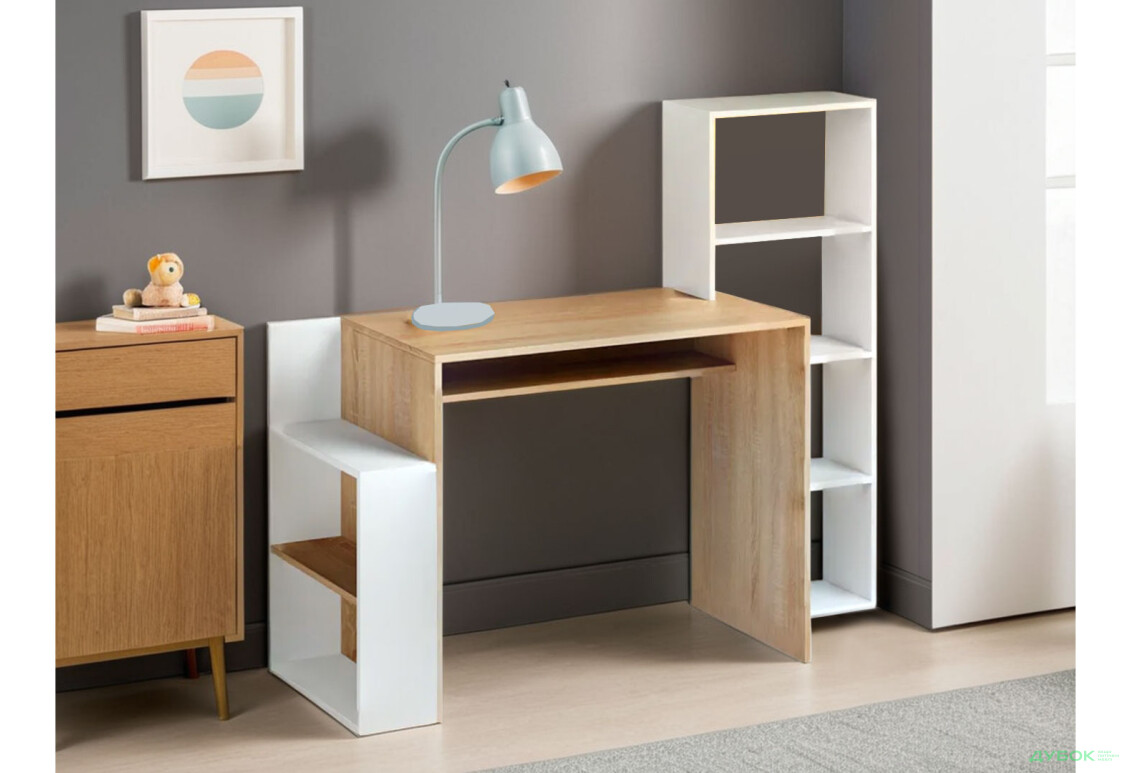 Стіл письмовий Moreli ST0025 144x50 см з надставкою та полицями, дуб сонома/білий - Зображення 2 Зображення 2 - Стіл письмовий Moreli ST0025 144x50 см з надставкою та полицями, дуб сонома/білий