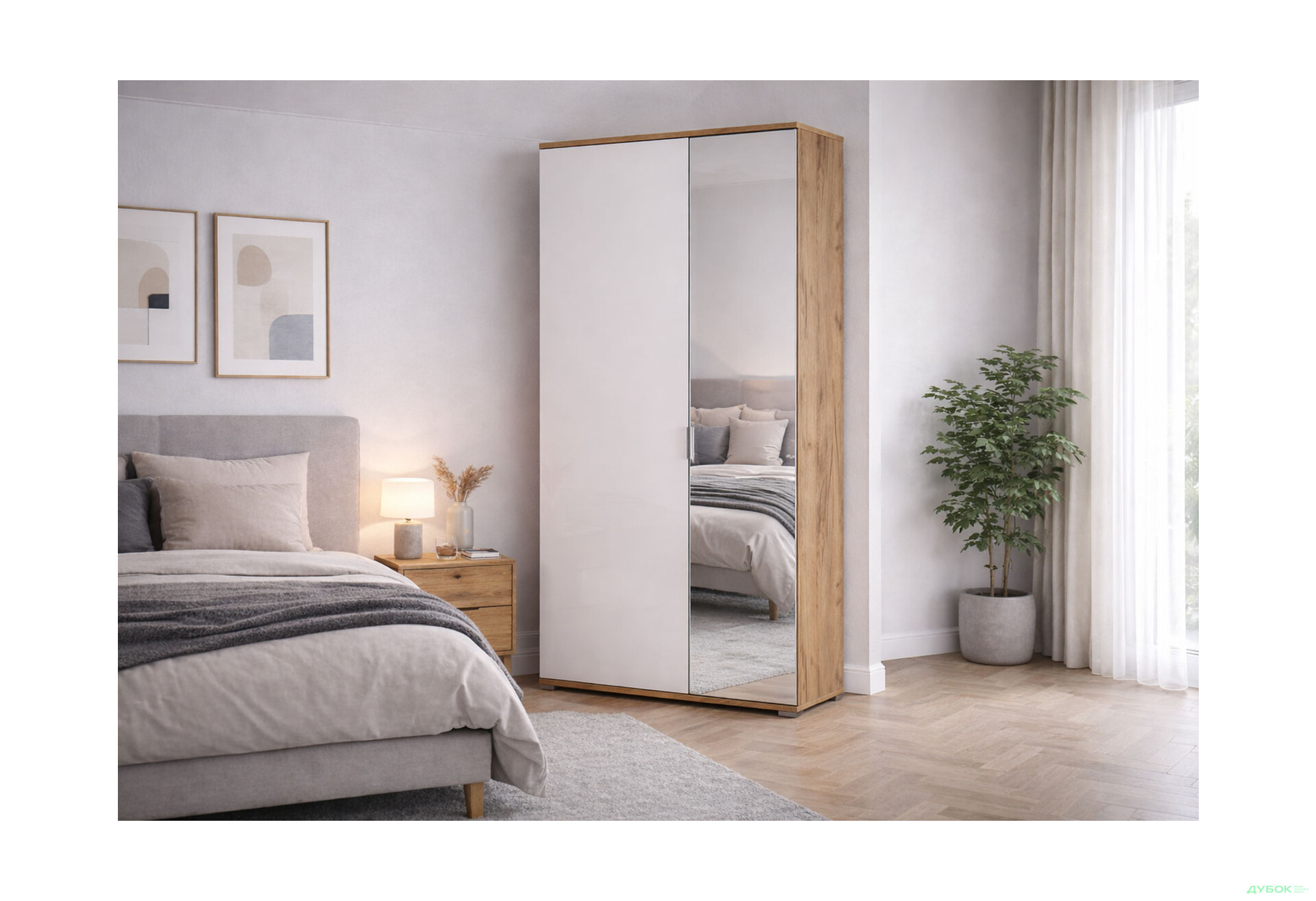 Зображення 2 - Шафа MiroMark Асті 2-дверна з дзеркалом 80 см Дуб крафт / Білий