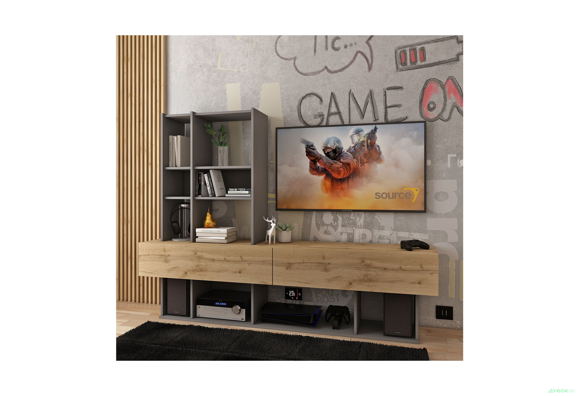 Зображення 2 - Стінка Doros Нота 195 см Графіт / Дуб Евок