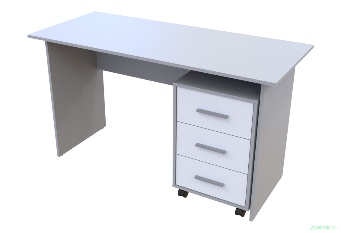 Стол письменный Doros Т3 120х60 см с тумбой на колесиках с 3 ящиками, Серый / Белый