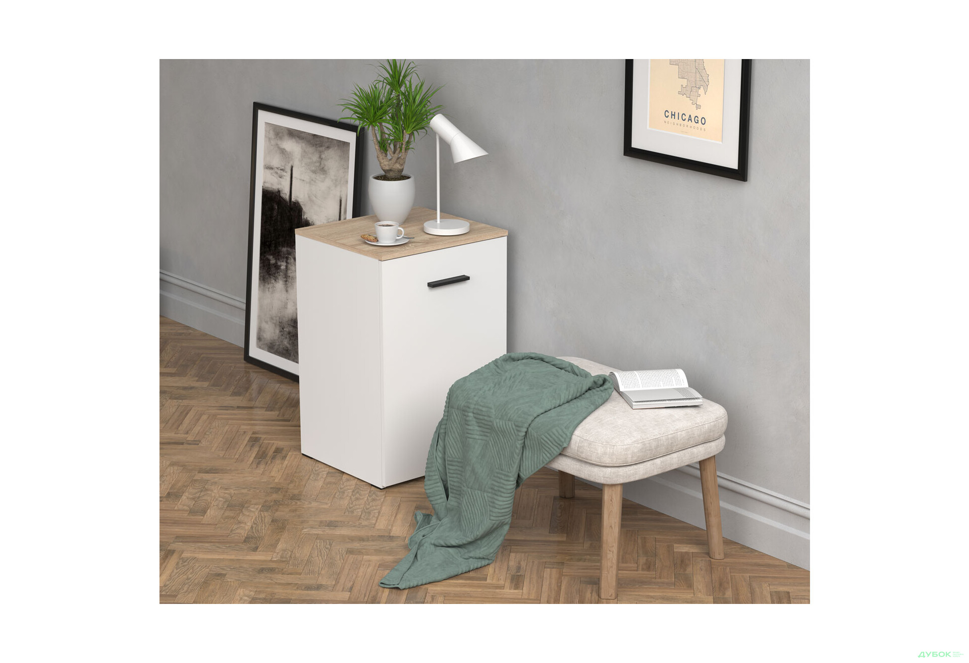 Зображення 4 - Стіл-тумба трансформер Knap Knap Hobana / Хобана з трьома відкритими поличками, Білий / Дуб сонома