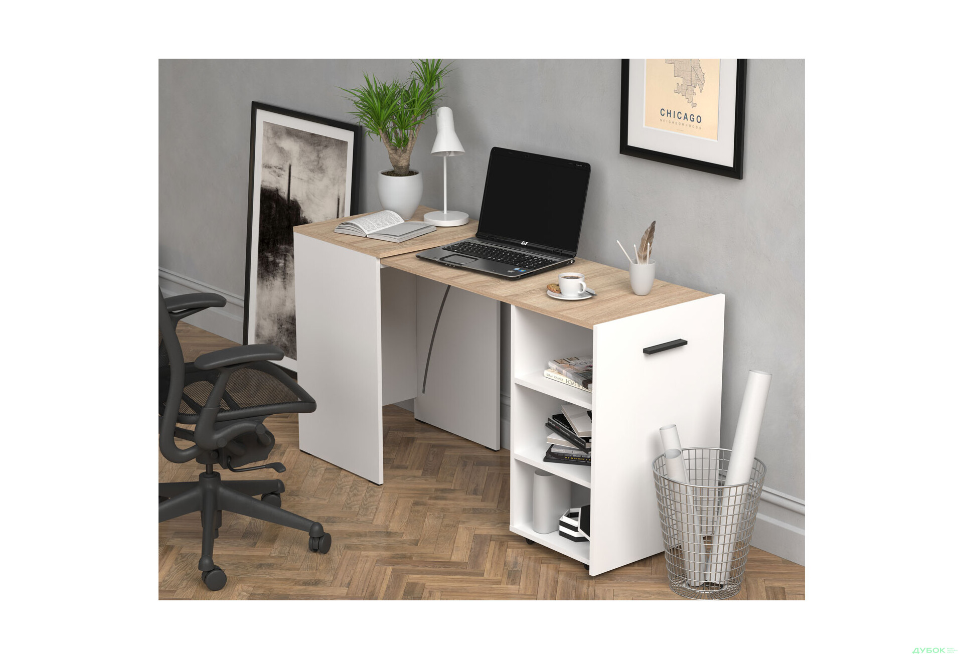 Зображення 5 - Стіл-тумба трансформер Knap Knap Hobana / Хобана з трьома відкритими поличками, Білий / Дуб сонома