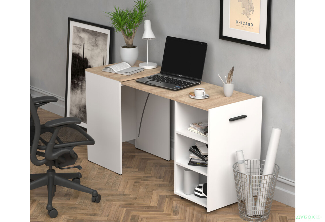 Зображення 5 - Стіл-тумба трансформер Knap Knap Hobana / Хобана з трьома відкритими поличками, Білий / Дуб сонома