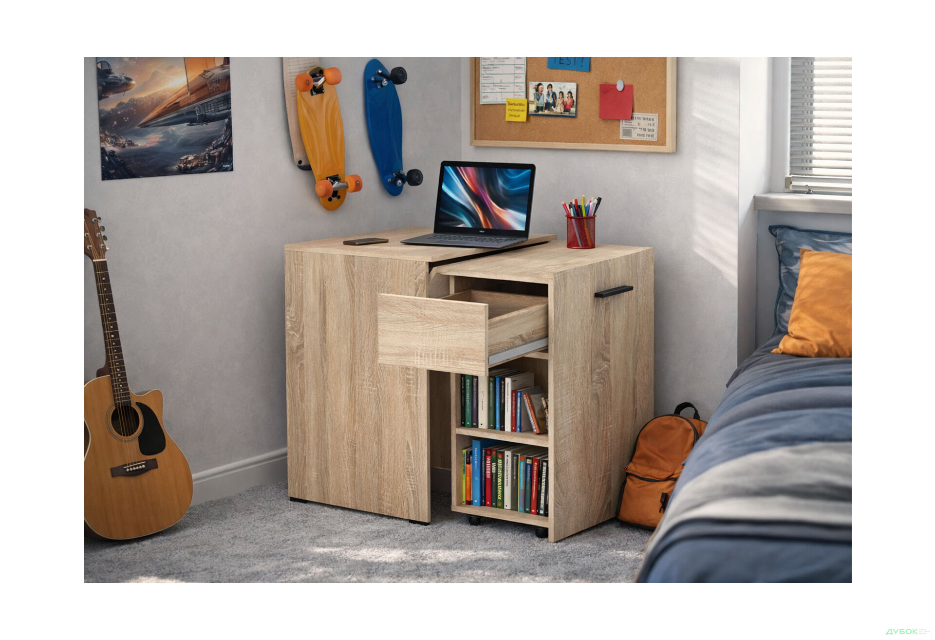 Изображение 2 - Стол-тумба трансформер Knap Knap Hobana / Хобана Ш1 с 2 открытыми полочками и ящиком, Дуб сонома