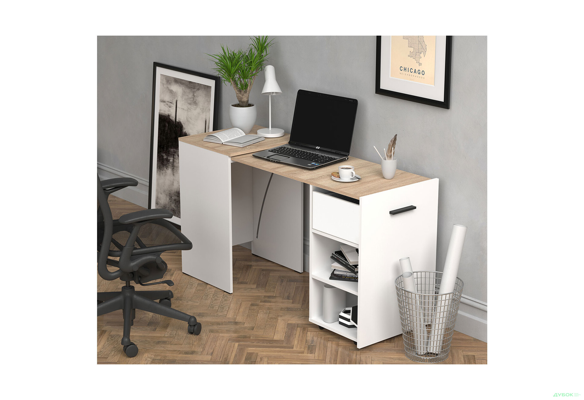 Изображение 5 - Стол-тумба трансформер Knap Knap Hobana / Хобана Ш1 с 2 открытыми полочками и ящиком, Белый / Дуб сонома