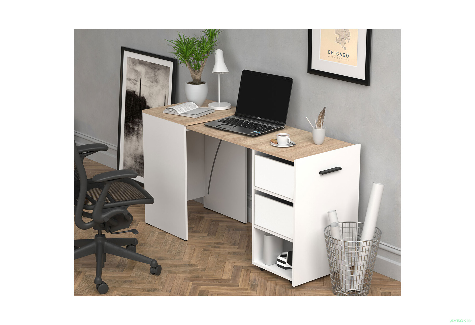 Зображення 5 - Стіл-тумба трансформер Knap Knap Hobana / Хобана Ш2 з поличкою та шухлядами, Білий / Дуб сонома