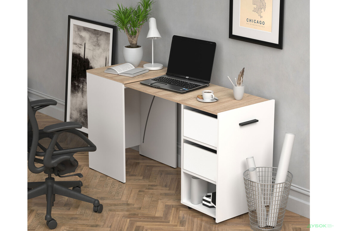 Зображення 5 - Стіл-тумба трансформер Knap Knap Hobana / Хобана Ш2 з поличкою та шухлядами, Білий / Дуб сонома