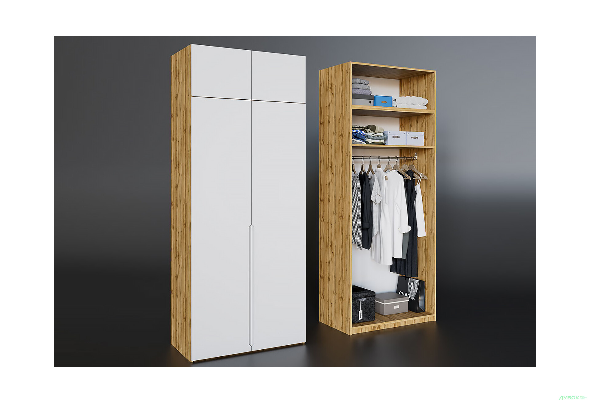 Зображення 2 - Шафа VIP-master Неаполь 2-дверний з антресолею 100 см Дуб аппалачі / Біла