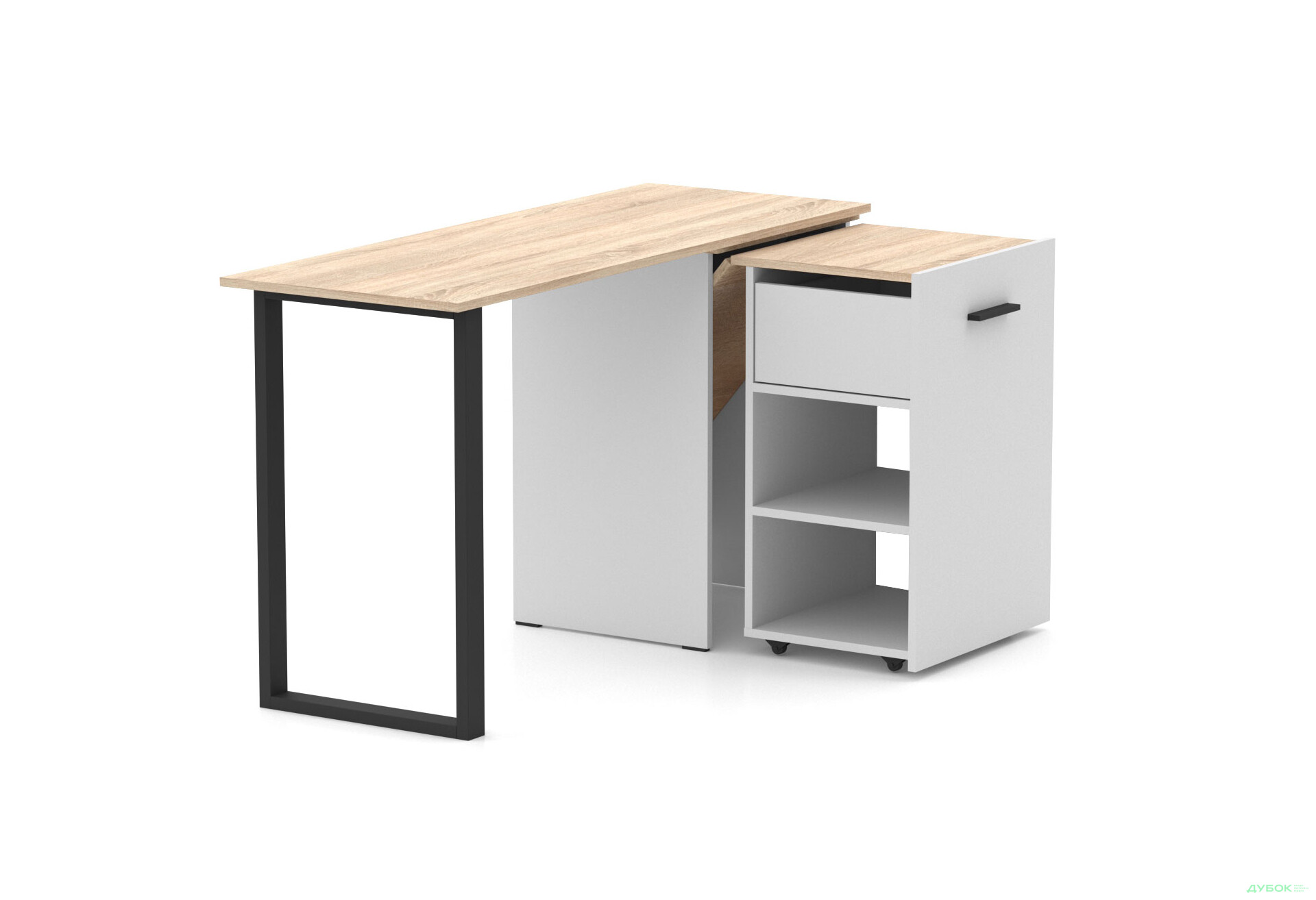 Изображение 2 - Стол-трансформер Knap Knap Hobana+Jambo / Хобана+Джамбо Ш1 с дополнительной поворотной столешницей, полками и ящиком, Белый / Дуб сонома