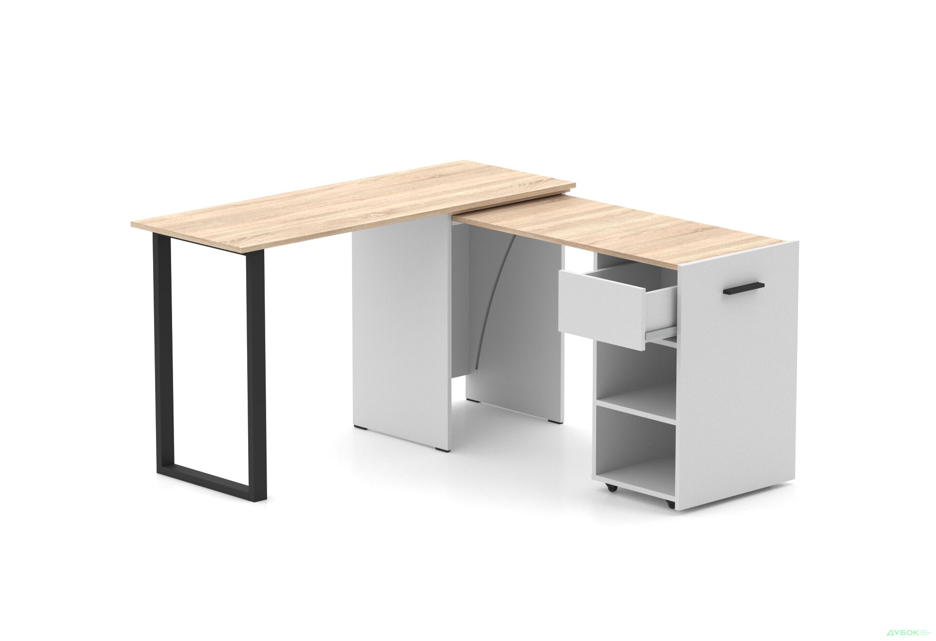 Изображение 1 - Стол-трансформер Knap Knap Hobana+Jambo / Хобана+Джамбо Ш1 с дополнительной поворотной столешницей, полками и ящиком, Белый / Дуб сонома