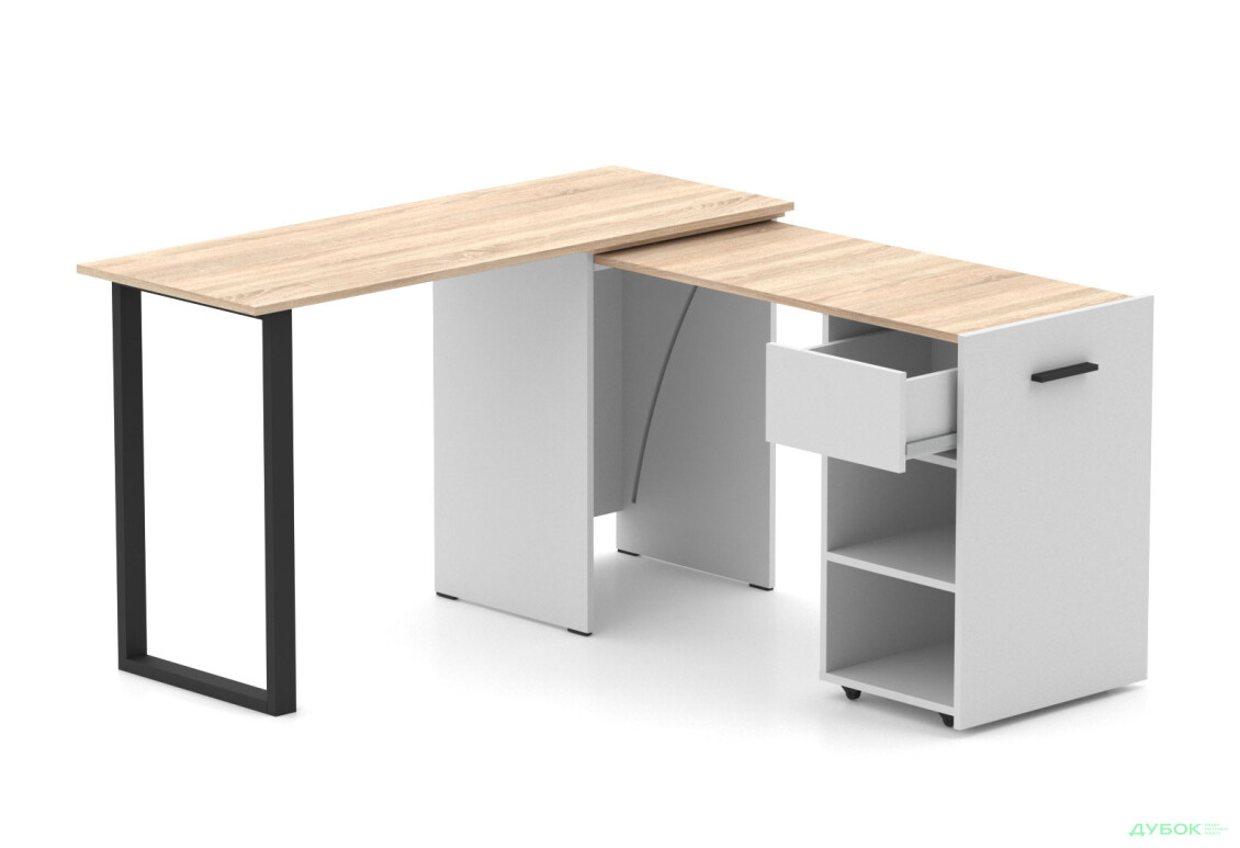 Стол-трансформер Knap Knap Hobana+Jambo / Хобана+Джамбо Ш1 с дополнительной поворотной столешницей, полками и ящиком, Белый / Дуб сонома