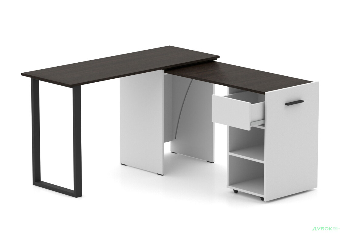 Стіл-трансформер Knap Knap Hobana+Jambo / Хобана+Джамбо Ш1 з додатковою поворотною стільницею, полицями та шухлядою, Білий / Венге