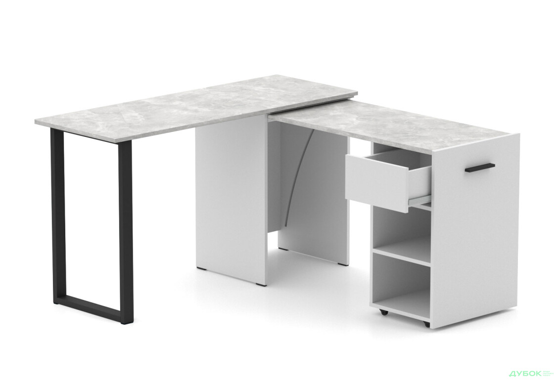 Стол-трансформер Knap Knap Hobana+Jambo / Хобана+Джамбо Ш1 с дополнительной поворотной столешницей, полками и ящиком, Белый / Ателье светлый