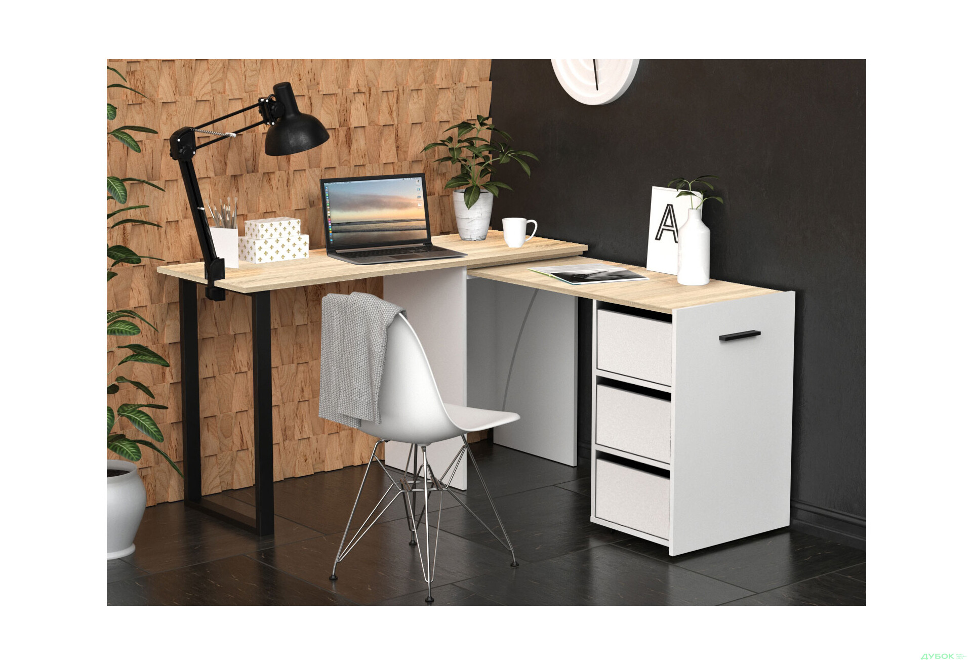 Зображення 6 - Стіл-трансформер Knap Knap Hobana+Jambo / Хобана+Джамбо Ш3 з додатковою поворотною стільницею та шухлядами, Білий / Дуб сонома