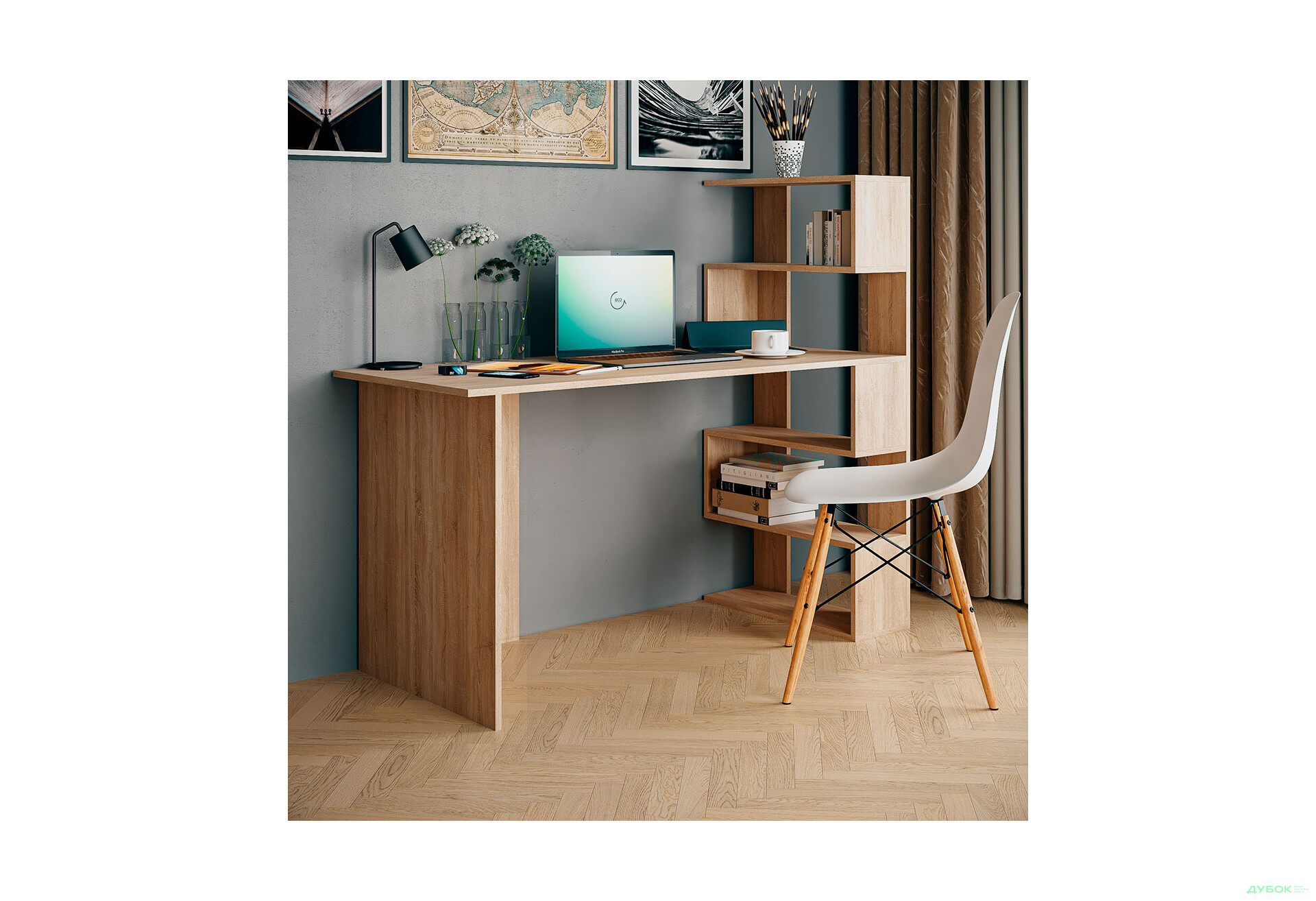 Изображение 2 - Стол письменный Moreli Холд (ST0015) 142x60 см с боковыми полками справа дуб сонома