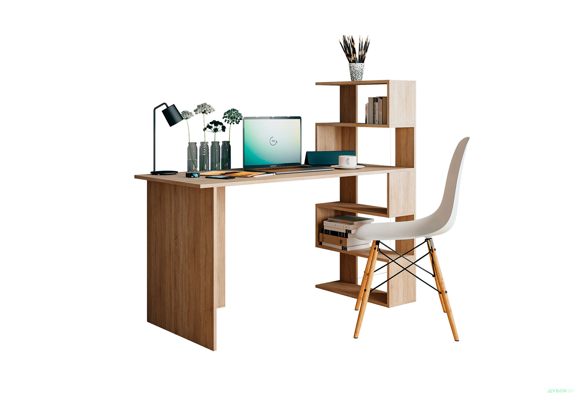 Изображение 1 - Стол письменный Moreli Холд (ST0015) 142x60 см с боковыми полками справа дуб сонома