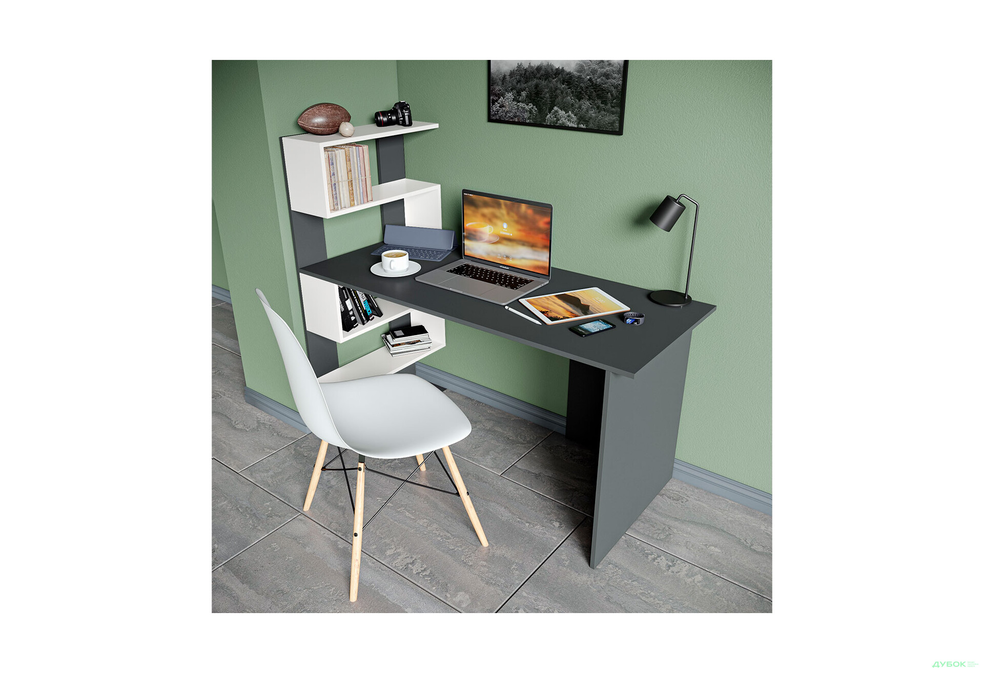 Стіл письмовий Moreli ST0024 142x60 см з боковими полицями зліва антрацит / білий - Зображення 2 Зображення 2 - Стіл письмовий Moreli ST0024 142x60 см з боковими полицями зліва антрацит / білий