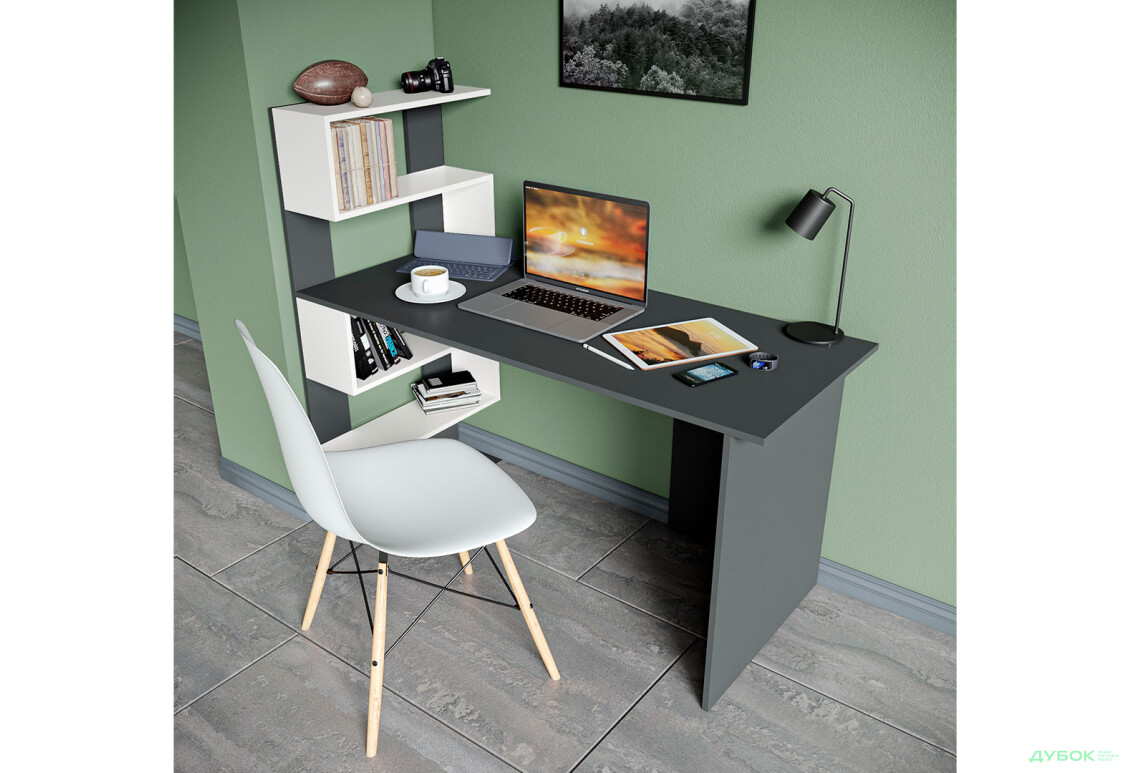 Стіл письмовий Moreli ST0024 142x60 см з боковими полицями зліва антрацит / білий - Зображення 2 Зображення 2 - Стіл письмовий Moreli ST0024 142x60 см з боковими полицями зліва антрацит / білий