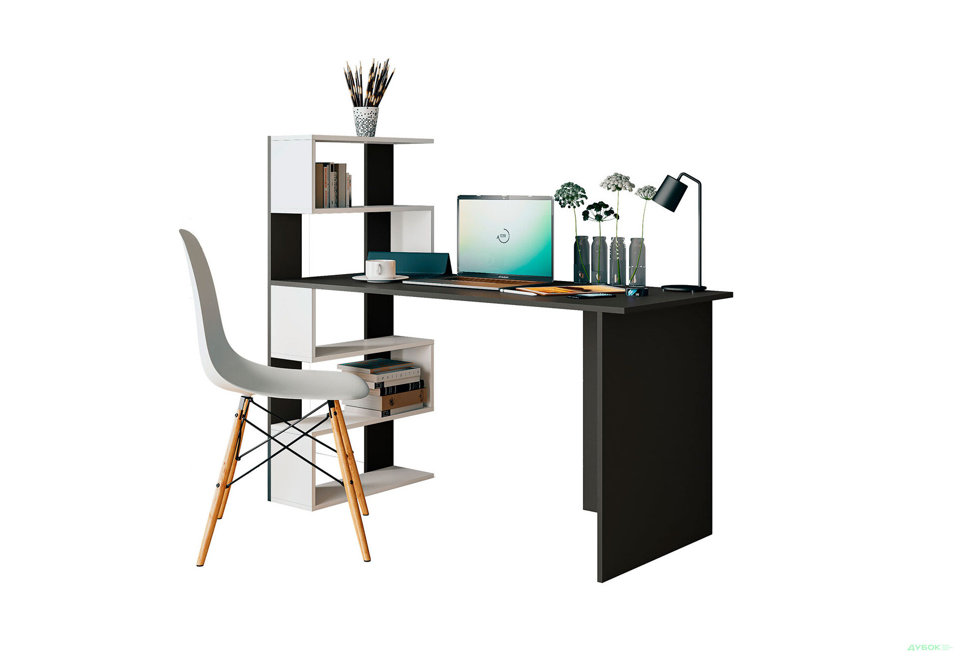 Стіл письмовий Moreli ST0024 142x60 см з боковими полицями зліва антрацит / білий - Зображення 1 Зображення 1 - Стіл письмовий Moreli ST0024 142x60 см з боковими полицями зліва антрацит / білий