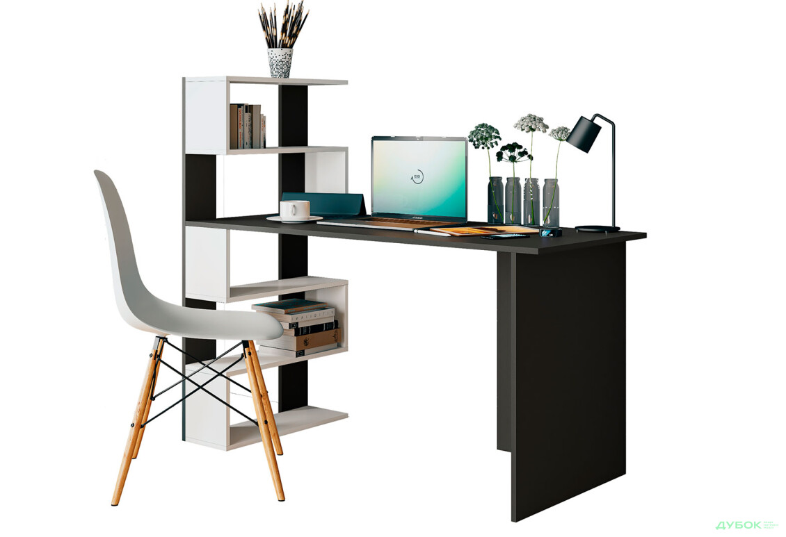 Стіл письмовий Moreli ST0024 142x60 см з боковими полицями зліва антрацит / білий - Зображення 1 Зображення 1 - Стіл письмовий Moreli ST0024 142x60 см з боковими полицями зліва антрацит / білий