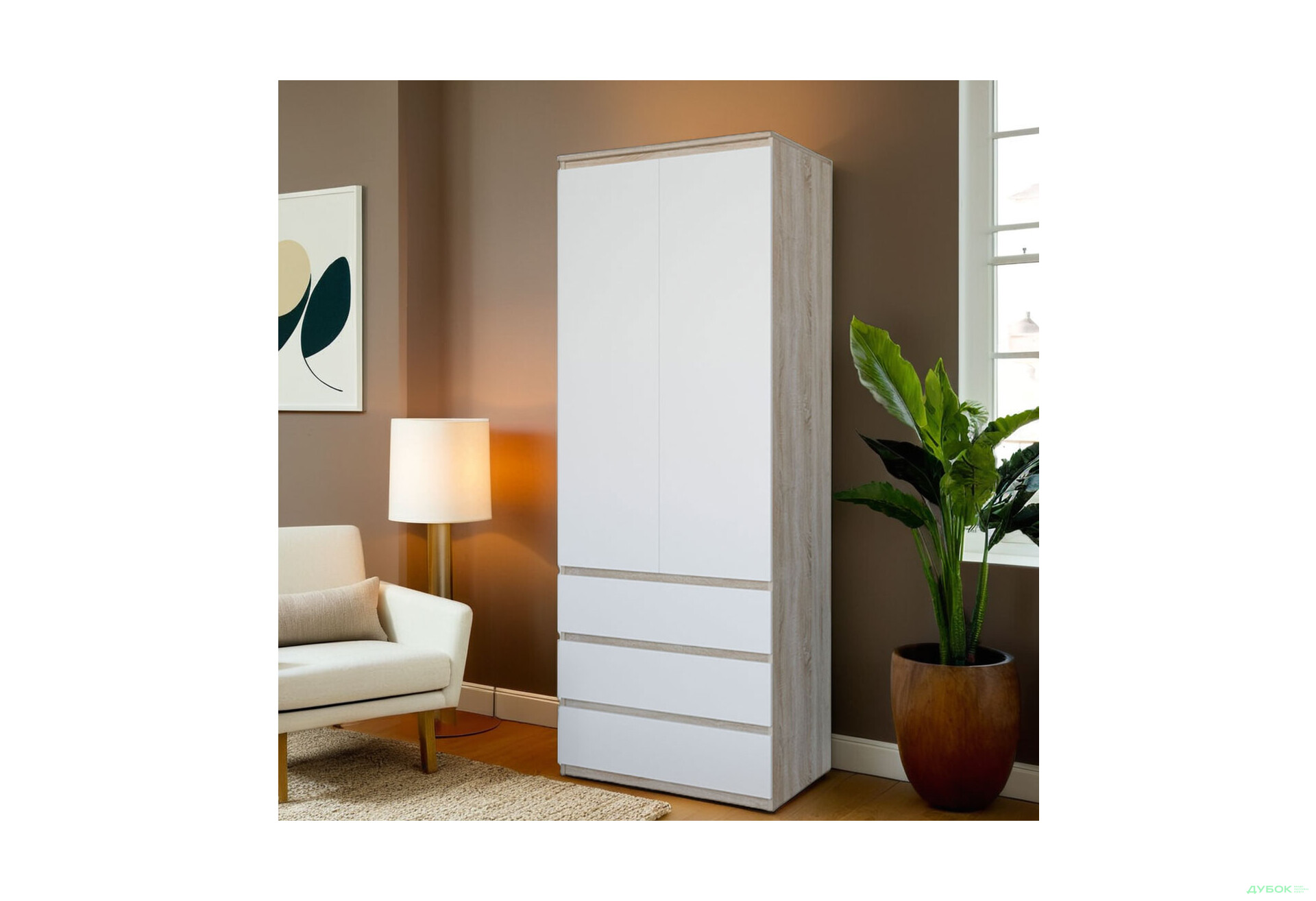 Шафа Moreli Т211 зі штангою та шухлядами 2-дверна 80 см дуб сонома / білий - Зображення 2 Зображення 2 - Шафа Moreli Т211 зі штангою та шухлядами 2-дверна 80 см дуб сонома / білий