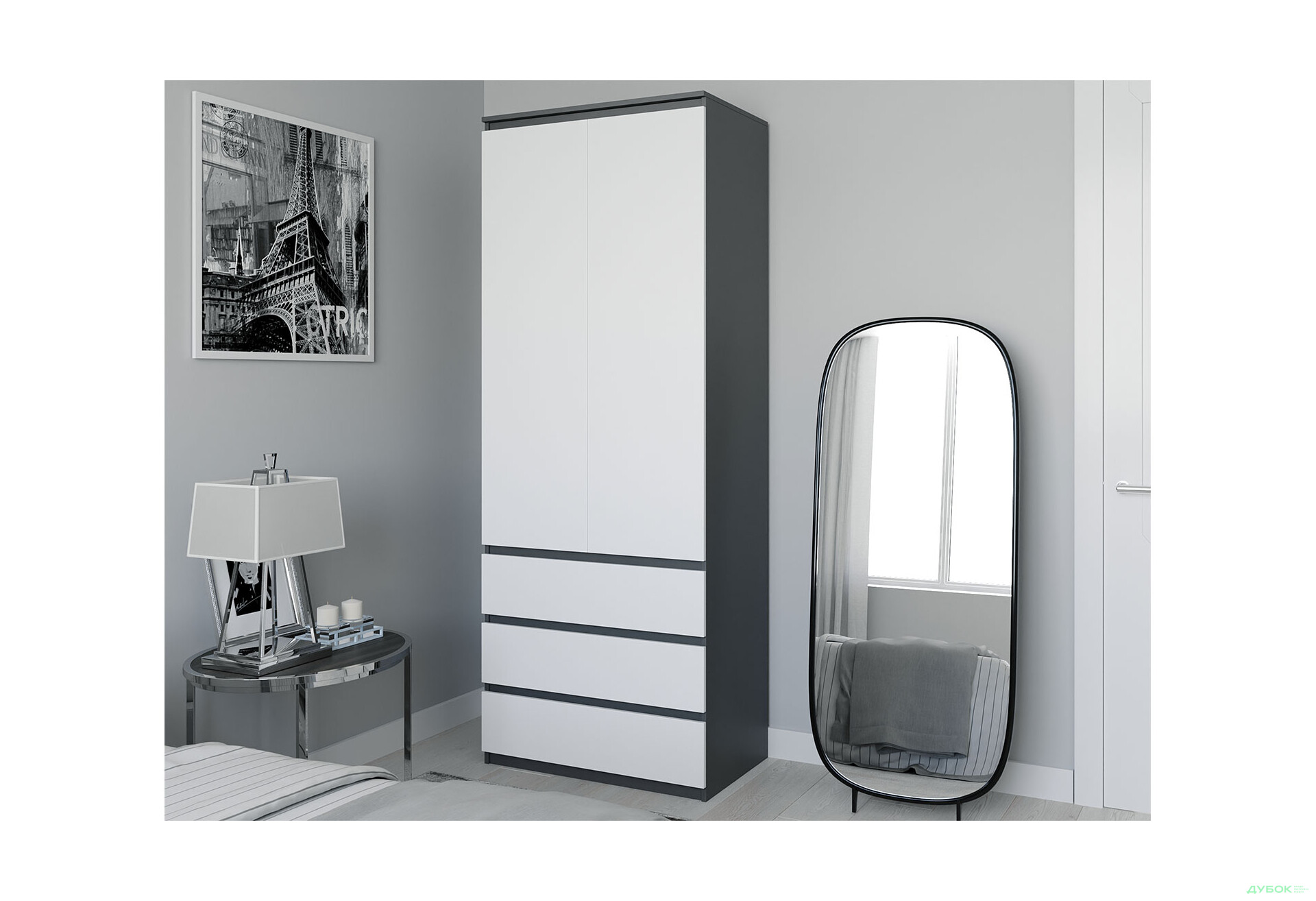 Шафа Moreli Т211 зі штангою та шухлядами 2-дверна 80 см антрацит / білий - Зображення 2 Зображення 2 - Шафа Moreli Т211 зі штангою та шухлядами 2-дверна 80 см антрацит / білий