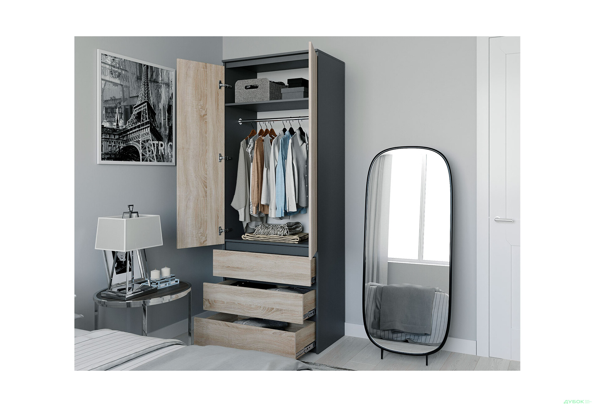 Шафа Moreli Т211 зі штангою та шухлядами 2-дверна 80 см антрацит / дуб сонома - Зображення 3 Зображення 3 - Шафа Moreli Т211 зі штангою та шухлядами 2-дверна 80 см антрацит / дуб сонома