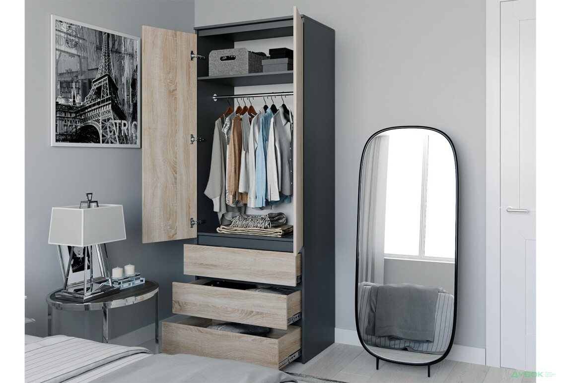 Шафа Moreli Т211 зі штангою та шухлядами 2-дверна 80 см антрацит / дуб сонома - Зображення 3 Зображення 3 - Шафа Moreli Т211 зі штангою та шухлядами 2-дверна 80 см антрацит / дуб сонома